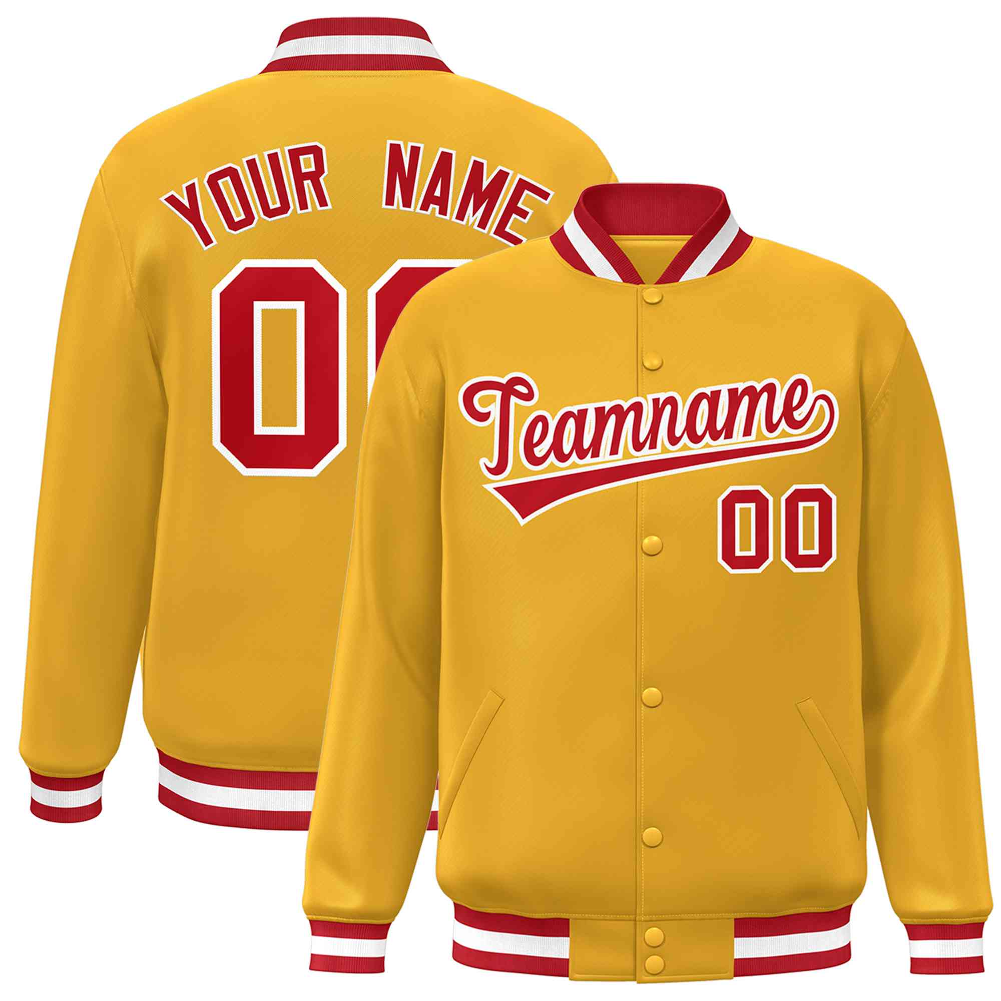 Custom Gold Red-White Classic Style Varsity Full-Snap Letterman Jacket