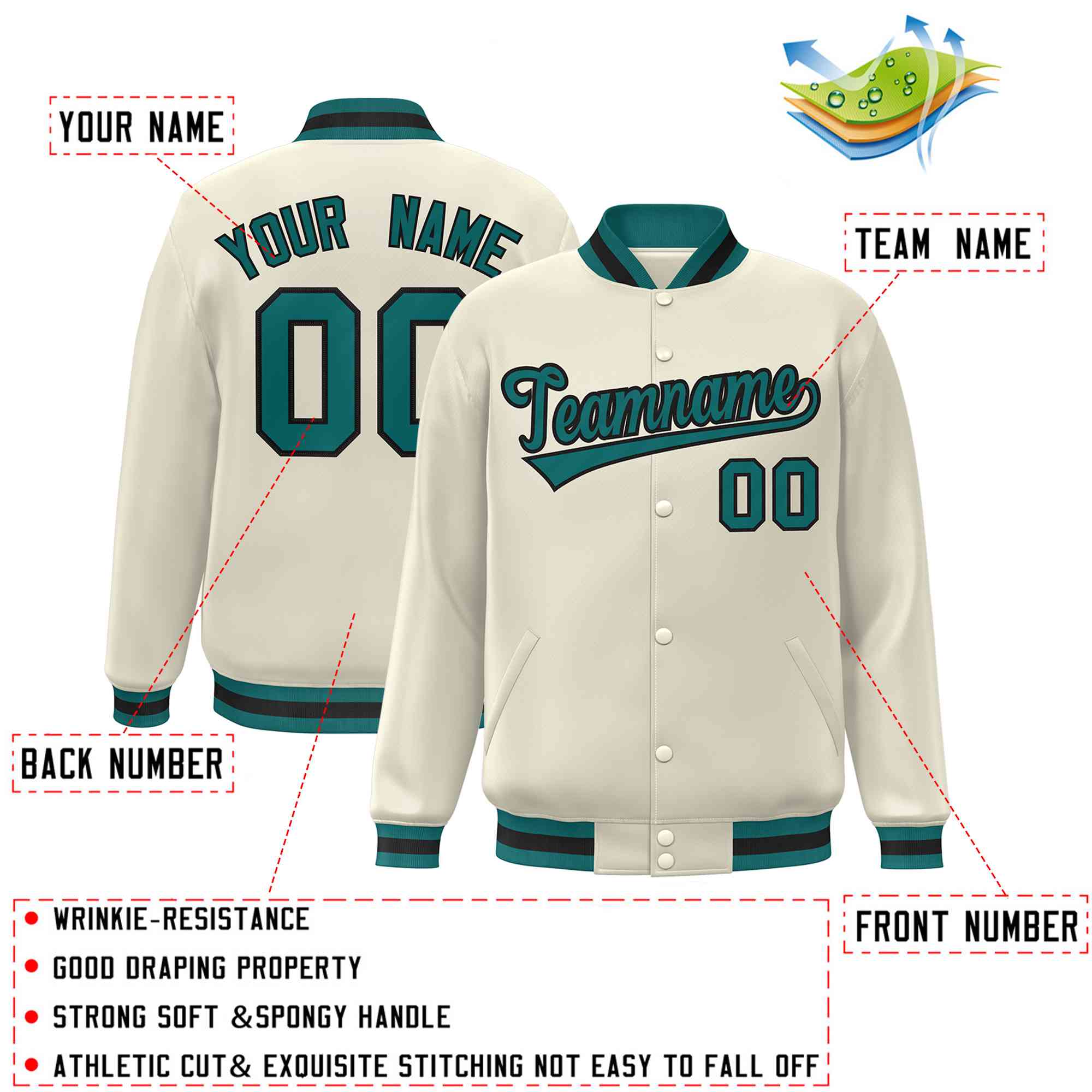 Custom Khaki Aqua-Black Classic Style Varsity Full-Snap Letterman Jacket