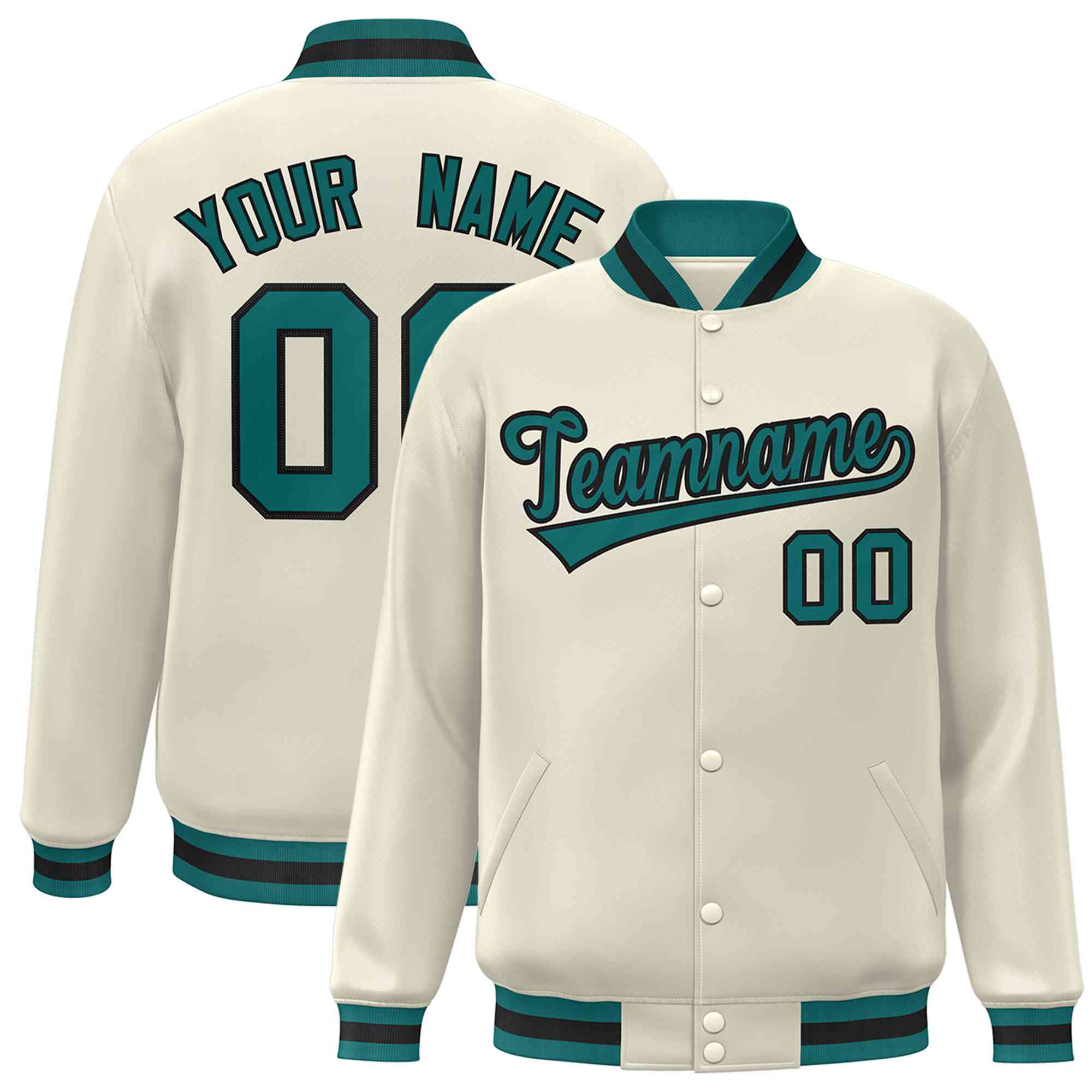 Custom Khaki Aqua-Black Classic Style Varsity Full-Snap Letterman Jacket