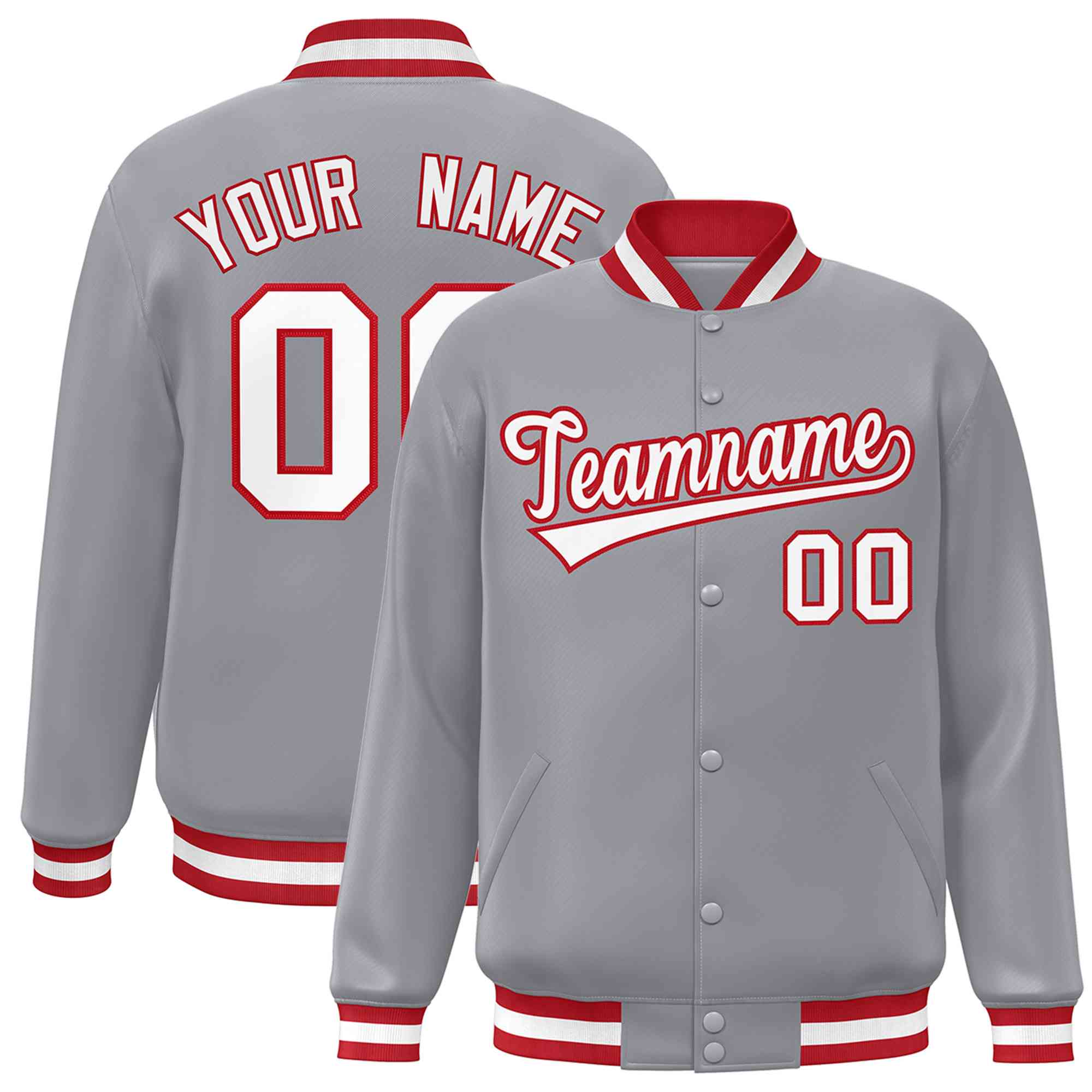 Custom Gray White-Red Classic Style Varsity Full-Snap Letterman Jacket