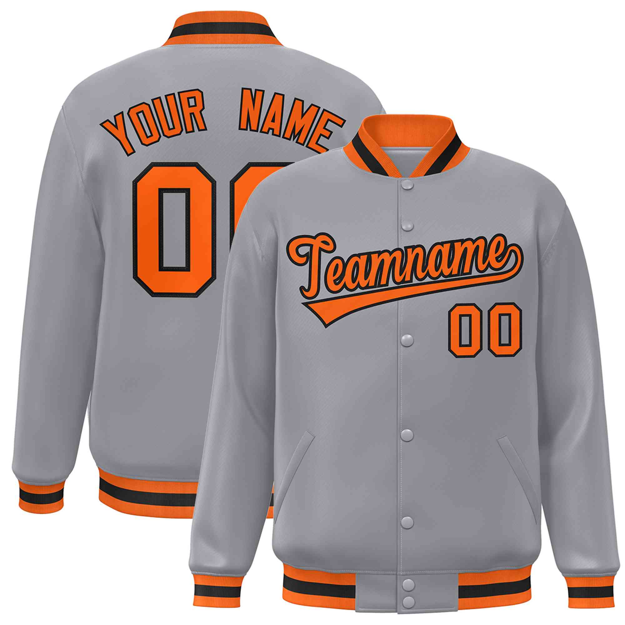 Custom Gray Orange-Black Classic Style Varsity Full-Snap Letterman Jacket