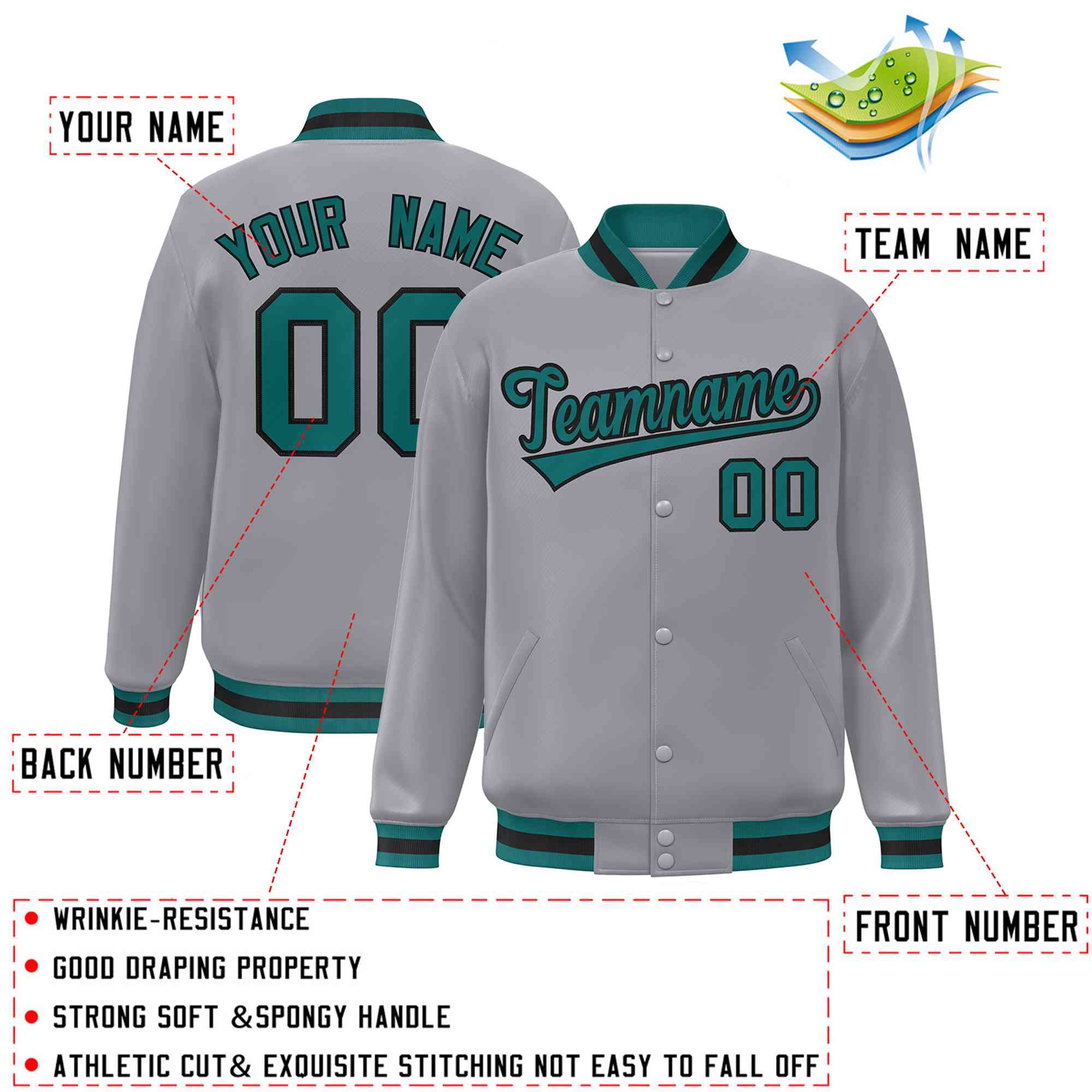 Custom Gray Aqua-Black Classic Style Varsity Full-Snap Letterman Jacket