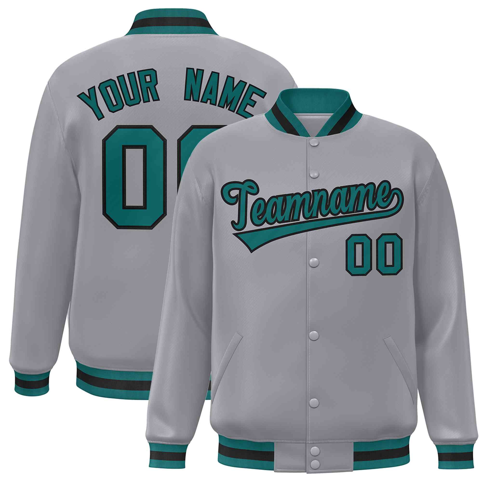 Custom Gray Aqua-Black Classic Style Varsity Full-Snap Letterman Jacket