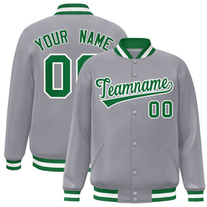 Custom Gray Green-White Classic Style Varsity Full-Snap Letterman Jacket