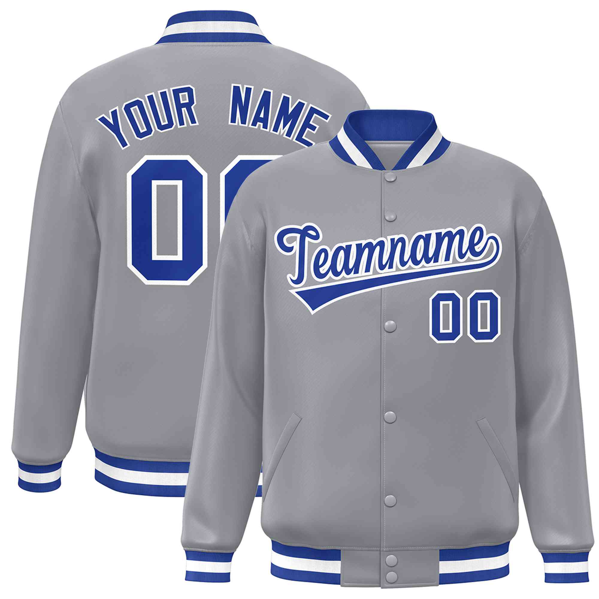 Custom Gray Royal-White Classic Style Varsity Full-Snap Letterman Jacket