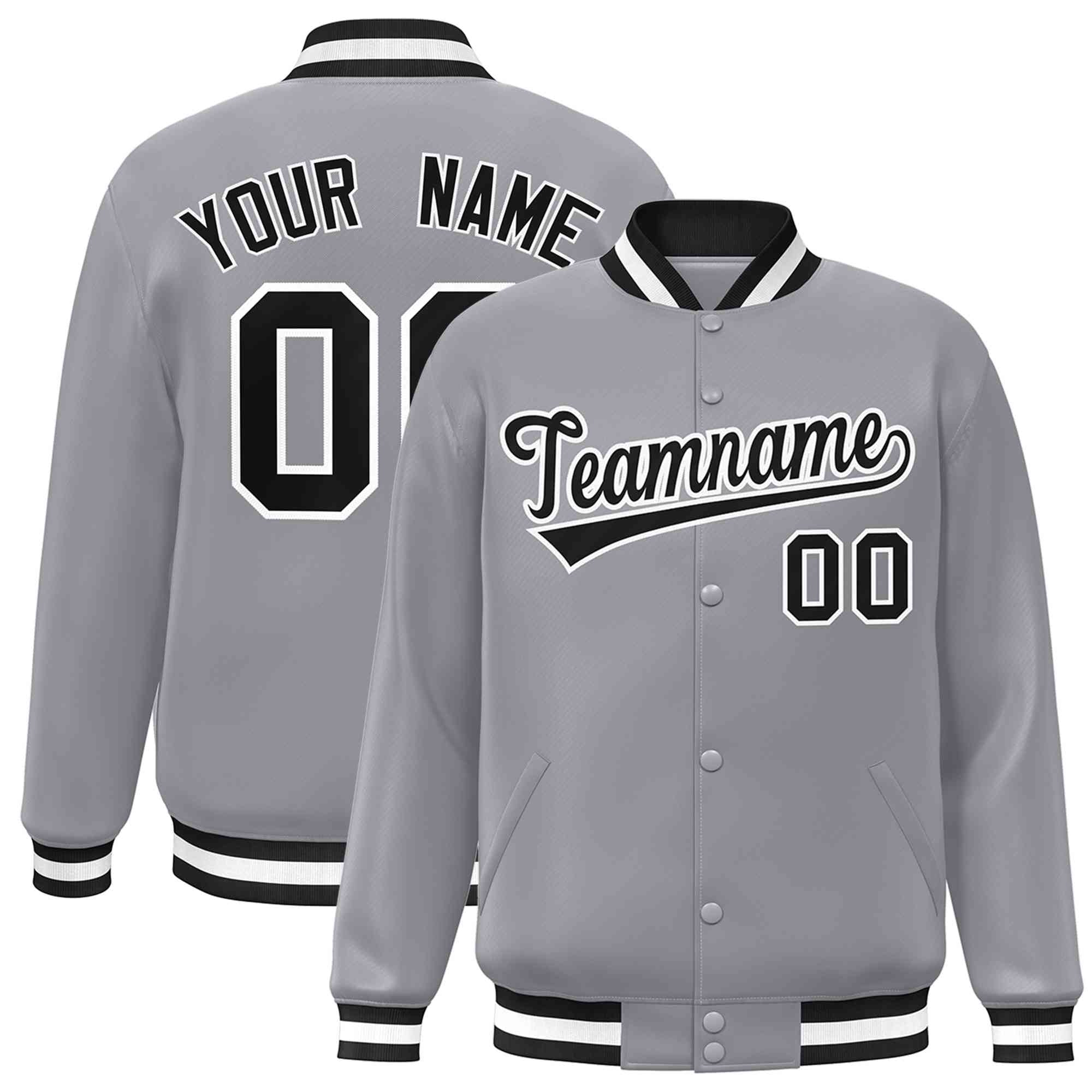 Custom Gray Black-White Classic Style Varsity Full-Snap Letterman Jacket