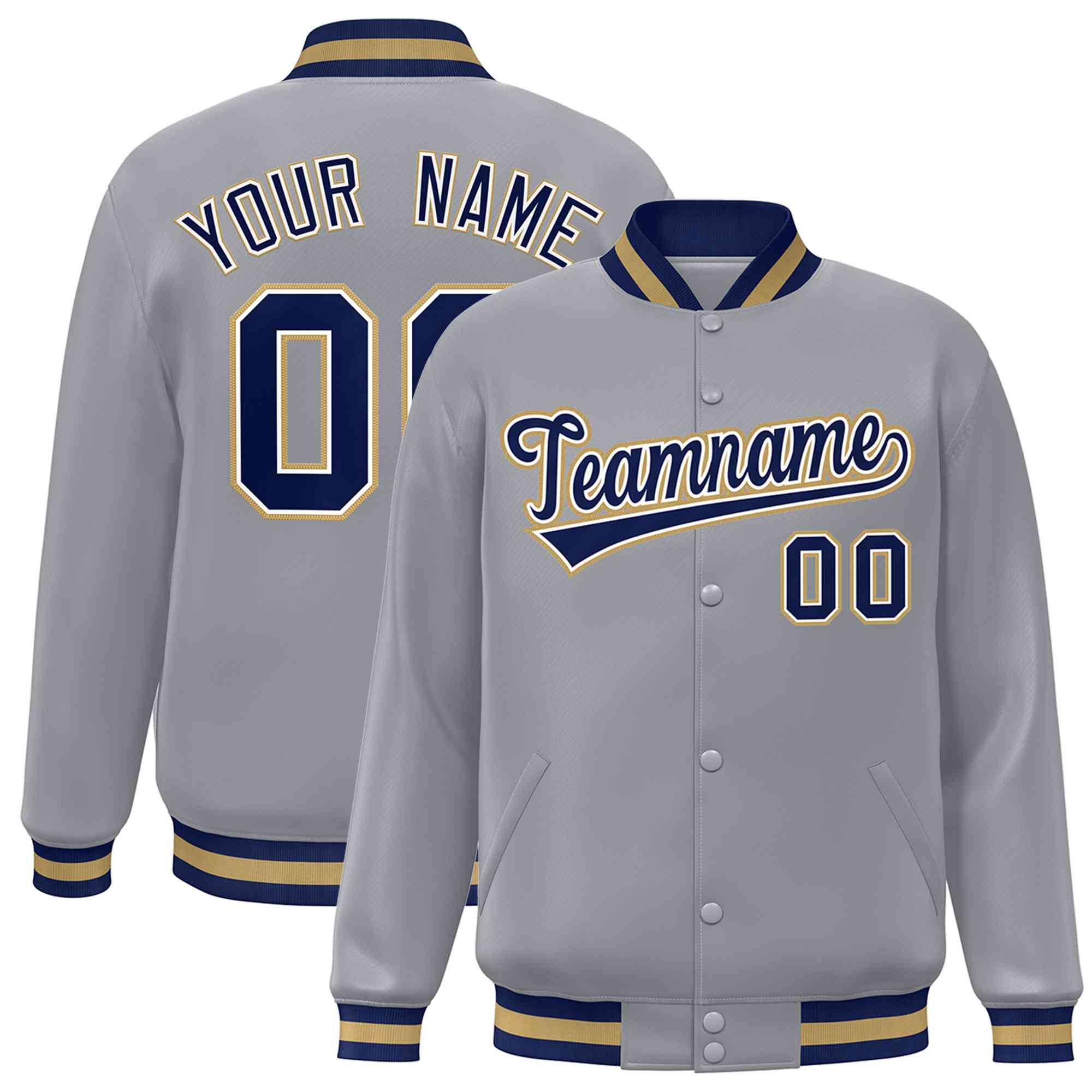 Custom Gray Navy-White Classic Style Varsity Full-Snap Letterman Jacket