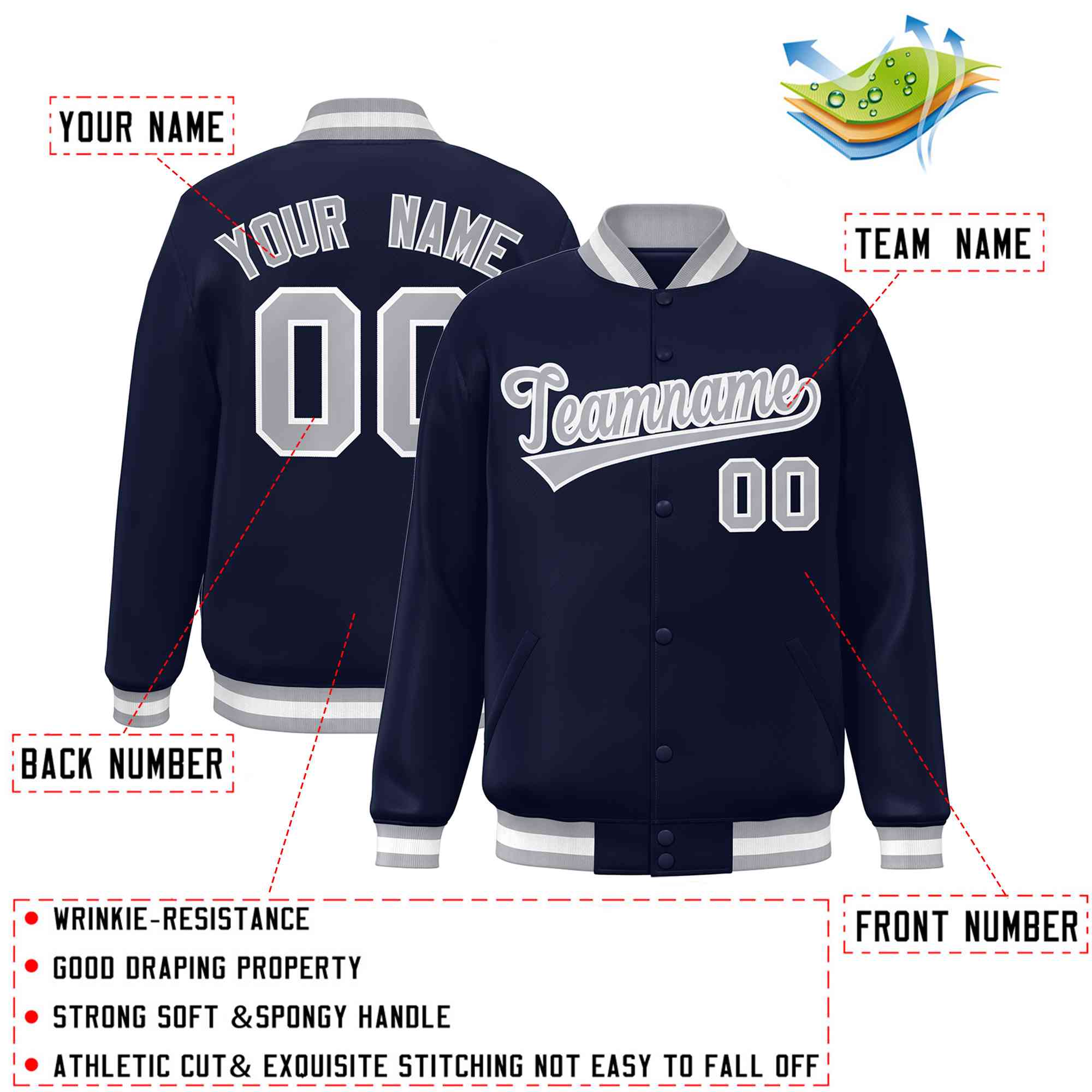 Custom Navy Gray-White Classic Style Varsity Full-Snap Letterman Jacket