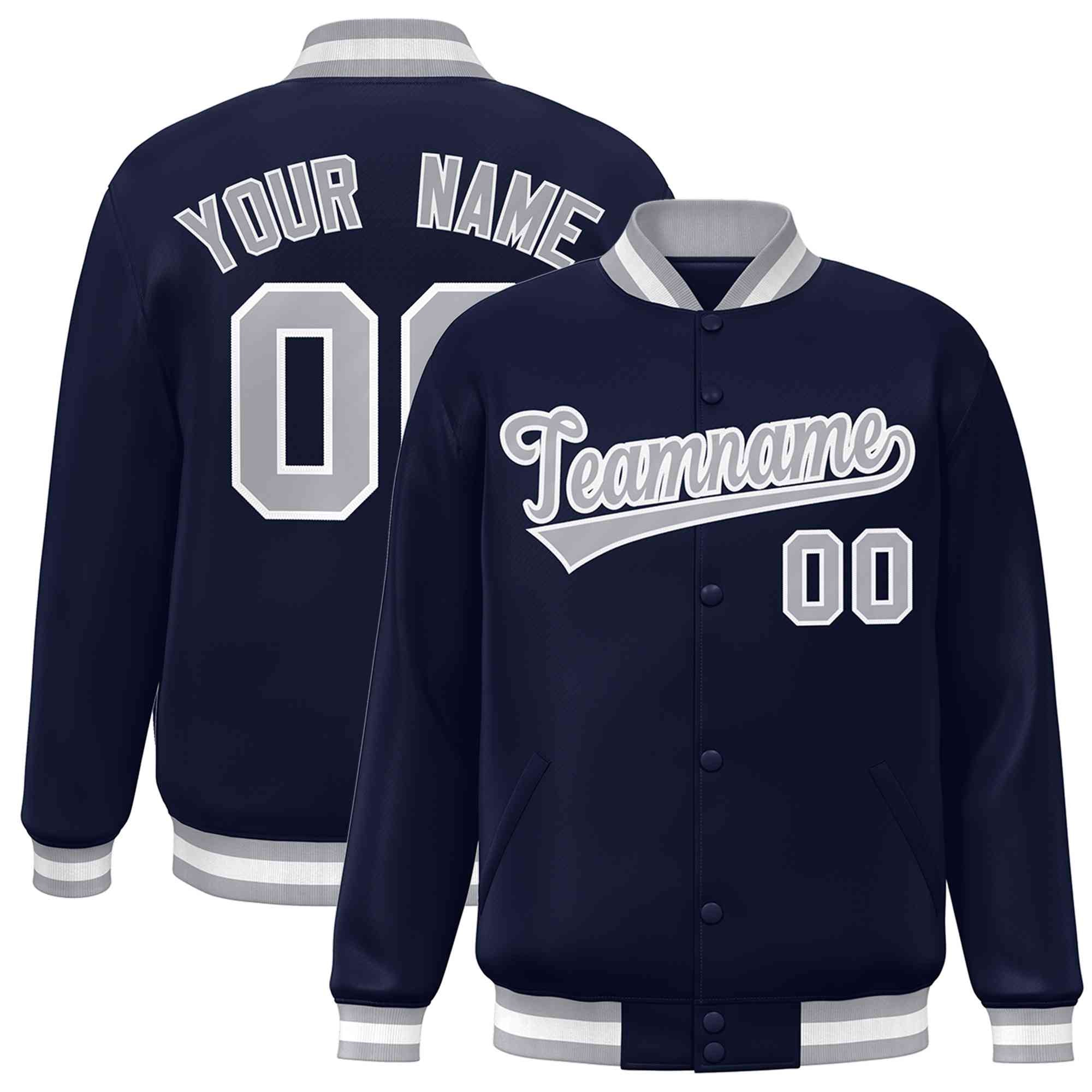 Custom Navy Gray-White Classic Style Varsity Full-Snap Letterman Jacket