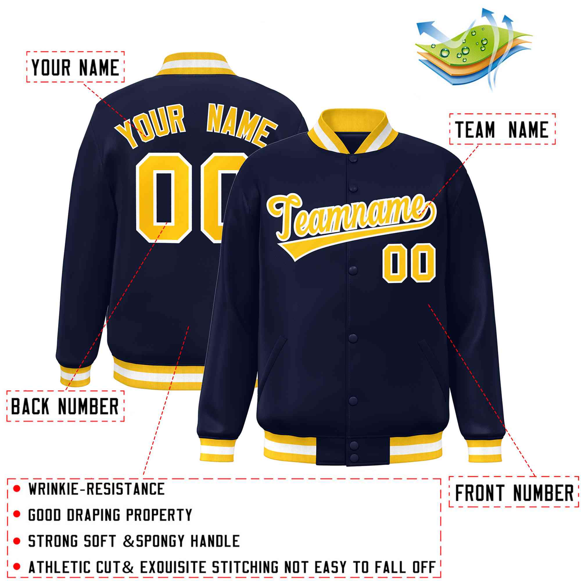 Custom Navy Gold-White Classic Style Varsity Full-Snap Letterman Jacket