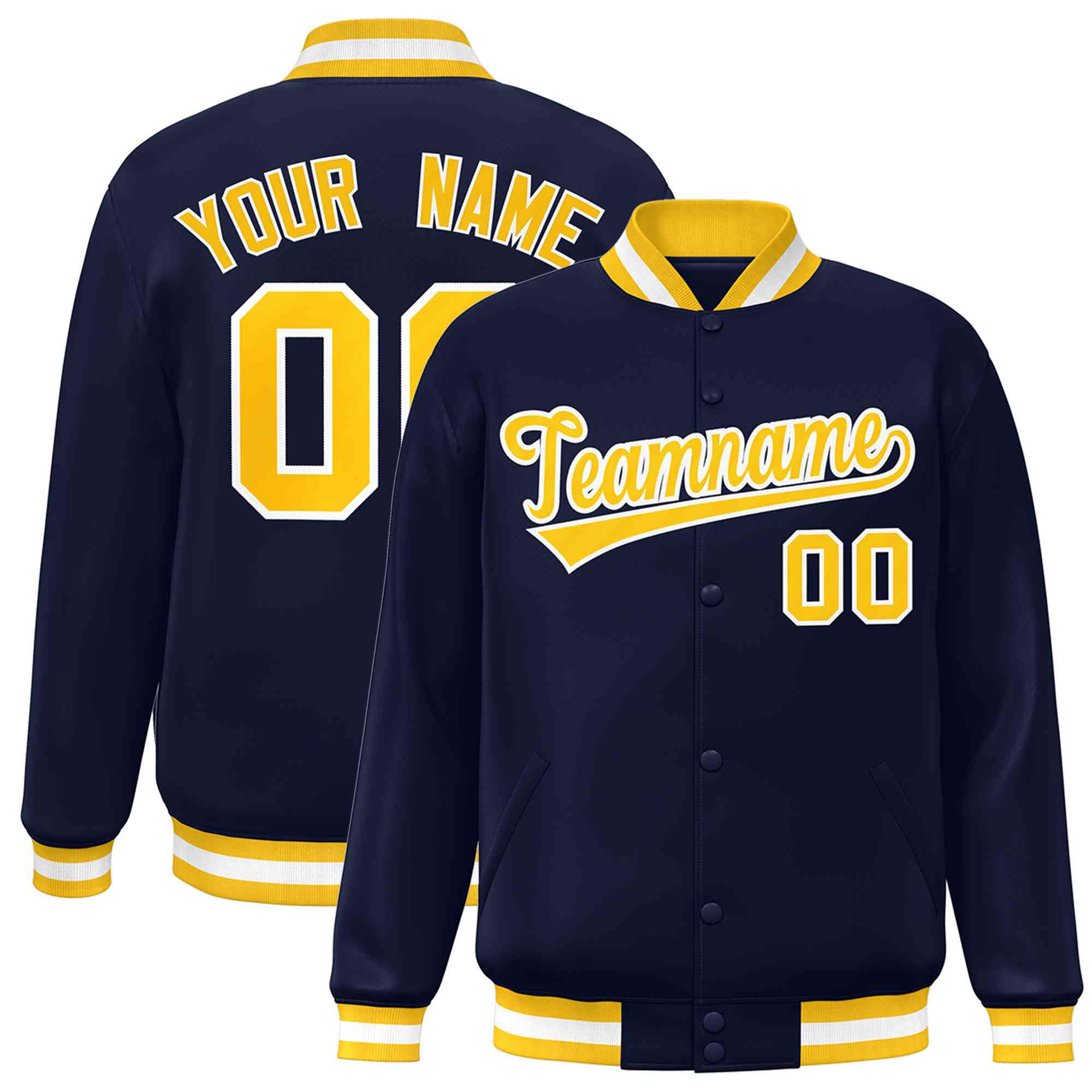 Custom Navy Gold-White Classic Style Varsity Full-Snap Letterman Jacket