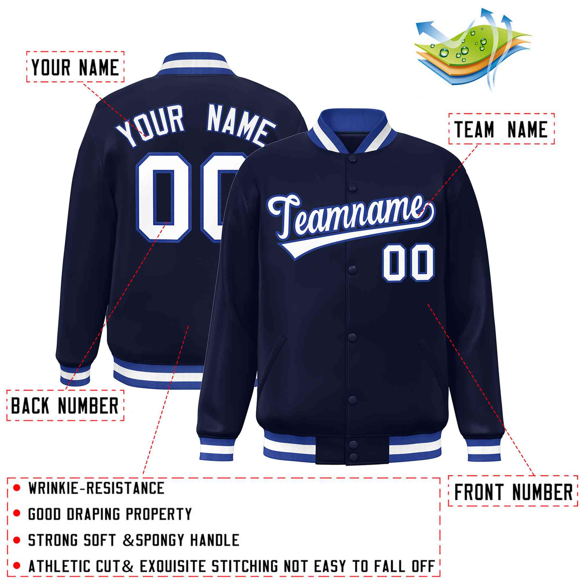 Custom Navy White-Royal Classic Style Varsity Full-Snap Letterman Jacket