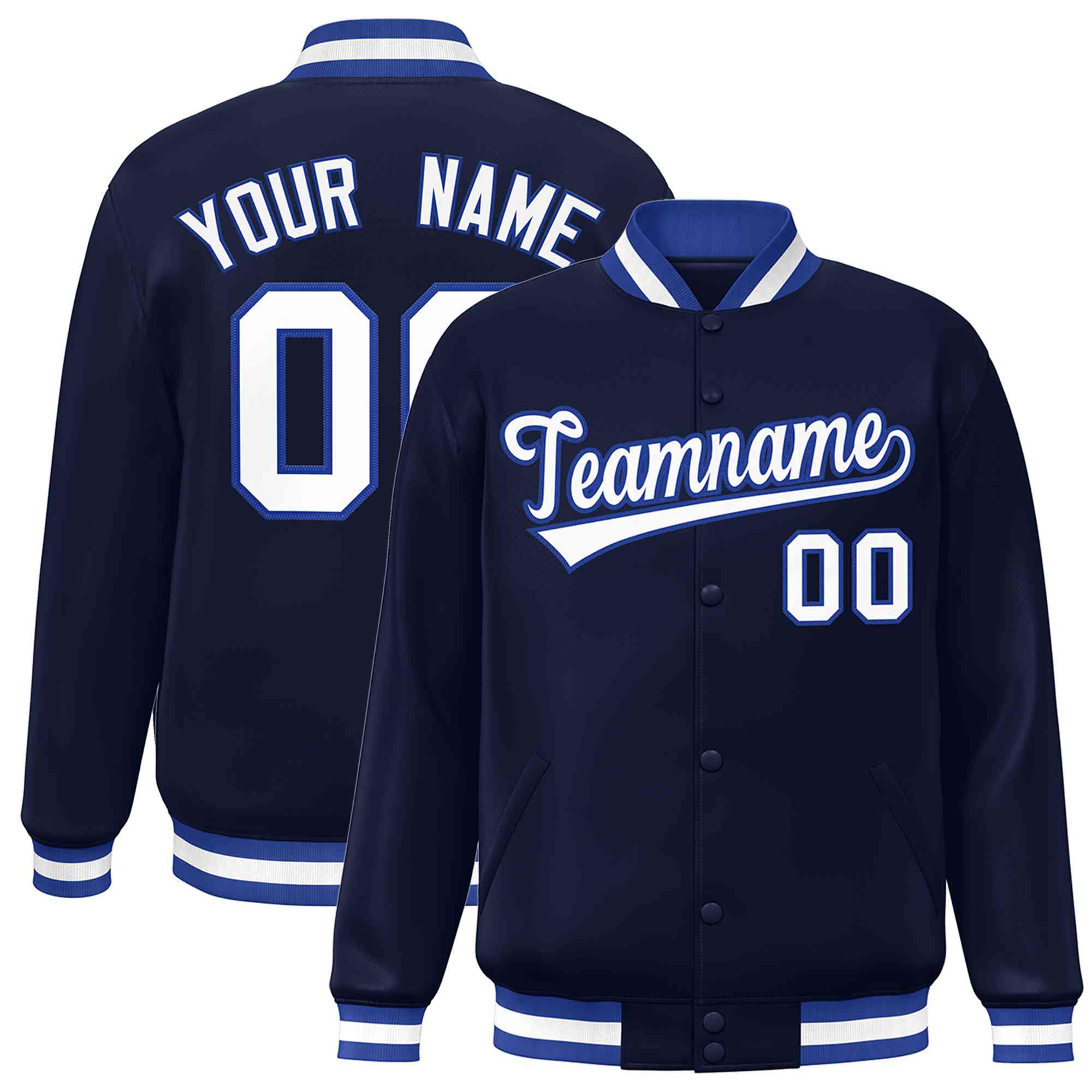 Custom Navy White-Royal Classic Style Varsity Full-Snap Letterman Jacket