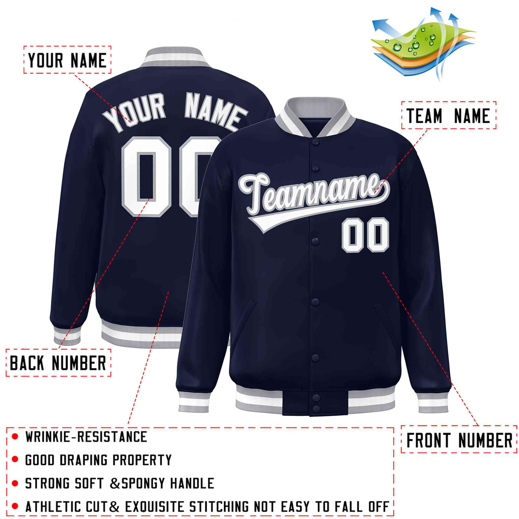 Custom Navy White-Gray Classic Style Varsity Full-Snap Letterman Jacket