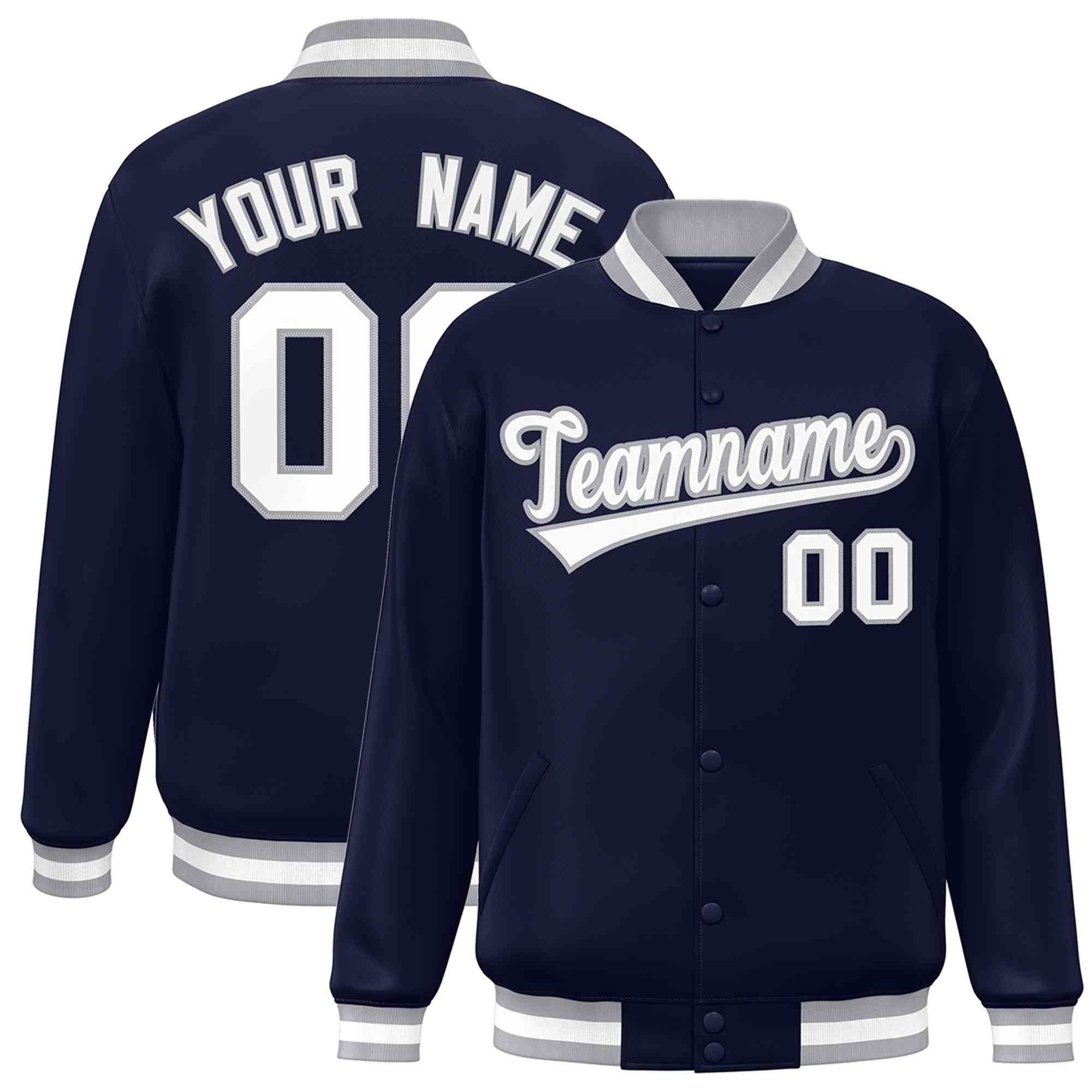 Custom Navy White-Gray Classic Style Varsity Full-Snap Letterman Jacket