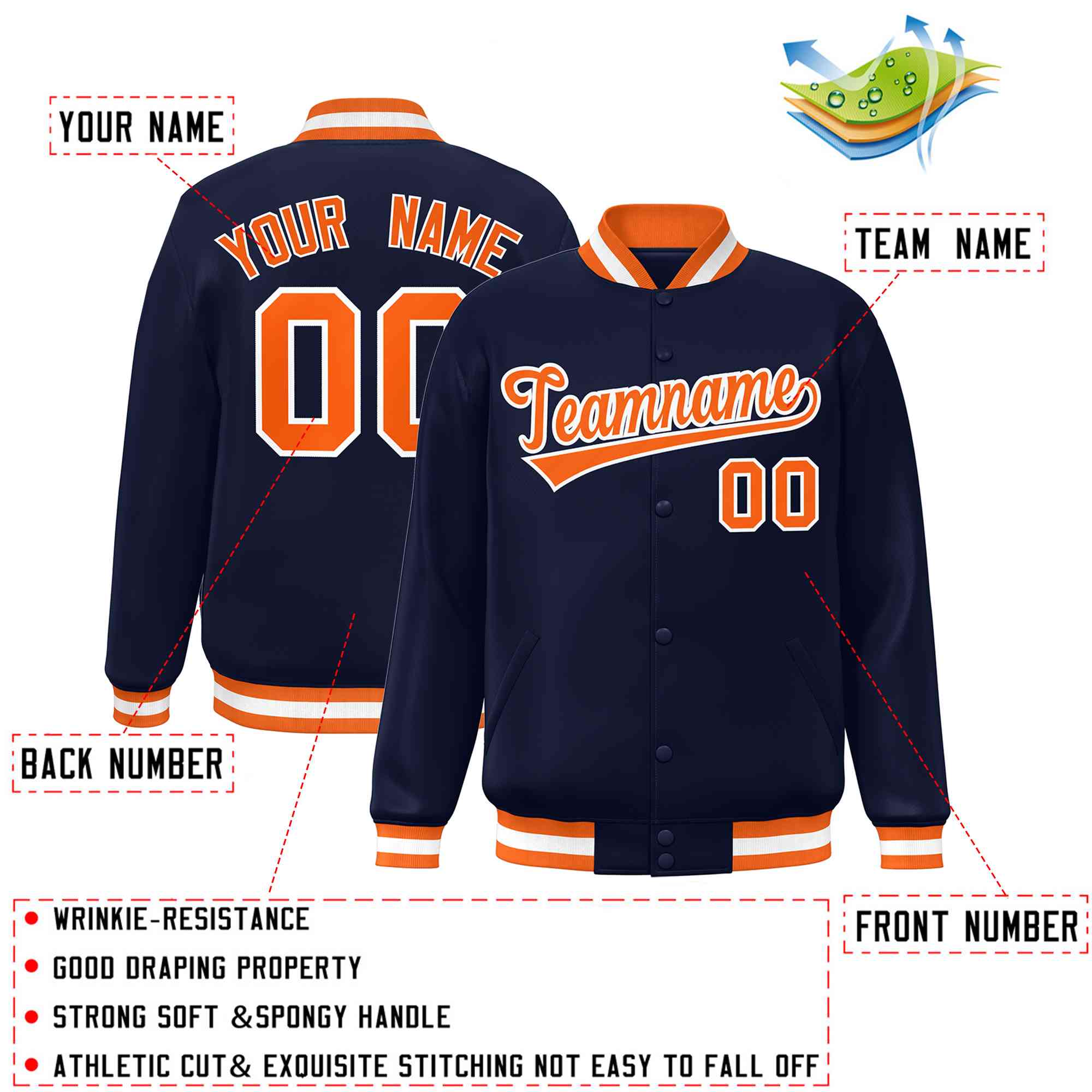 Custom Navy Orange-White Classic Style Varsity Full-Snap Letterman Jacket