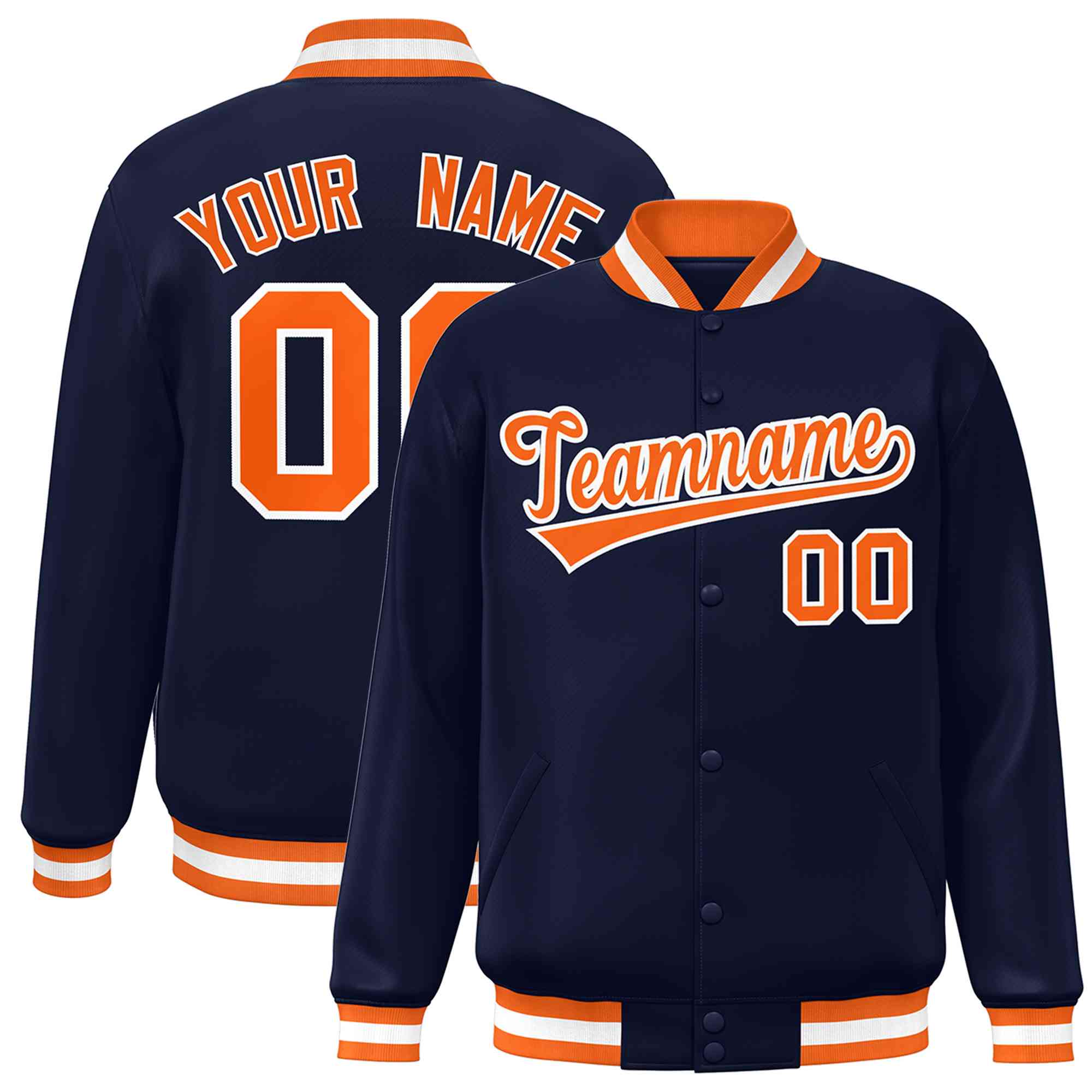 Custom Navy Orange-White Classic Style Varsity Full-Snap Letterman Jacket