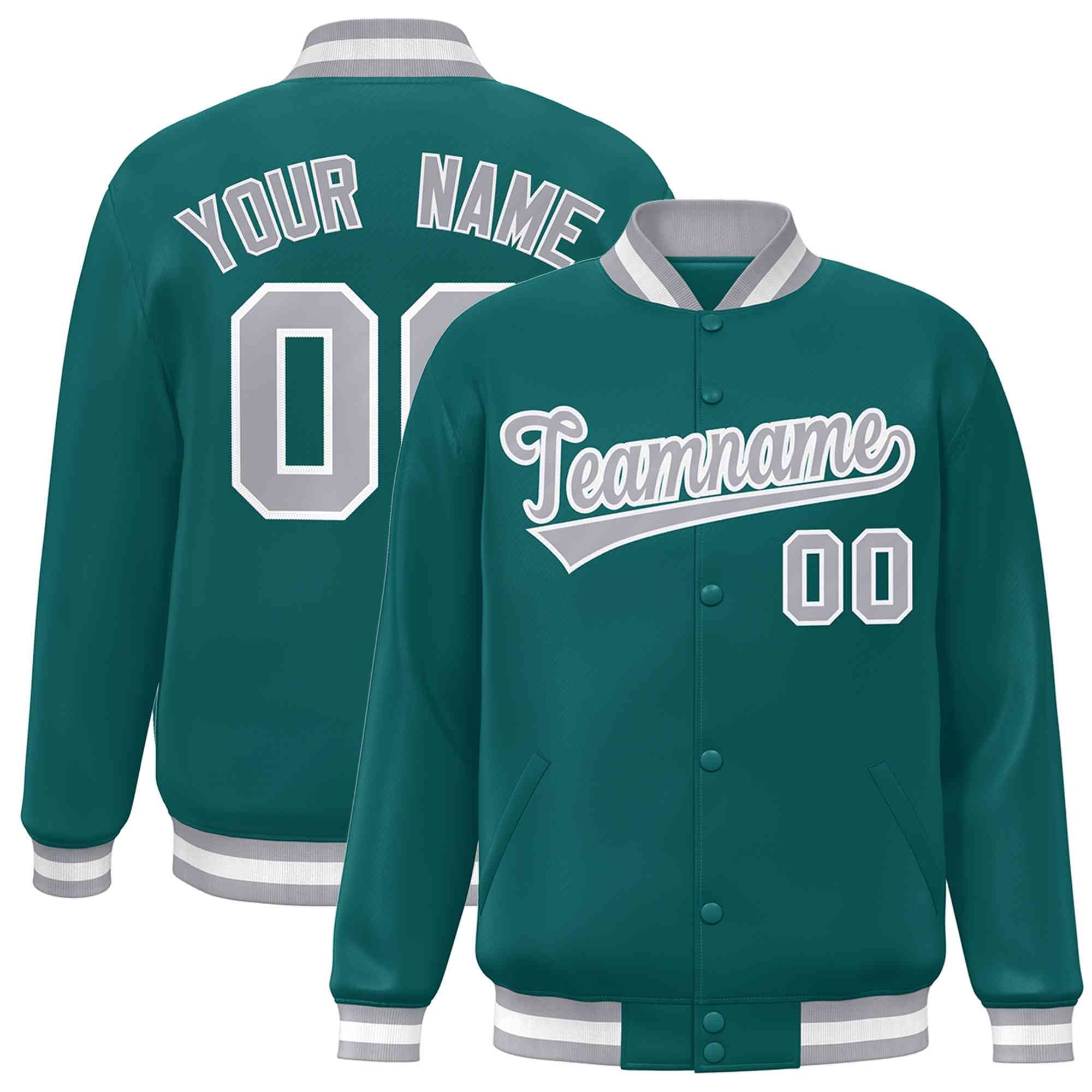 Custom Aqua Gray-White Classic Style Varsity Full-Snap Letterman Jacket