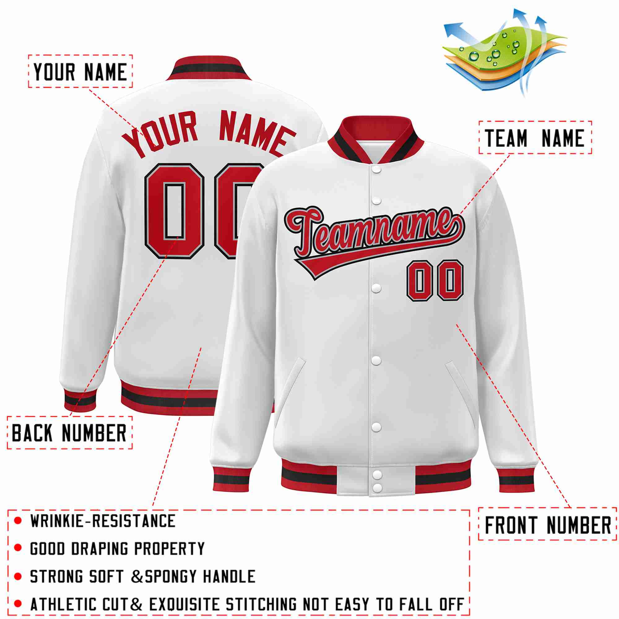 Custom White Red-Gray Classic Style Varsity Full-Snap Letterman Jacket