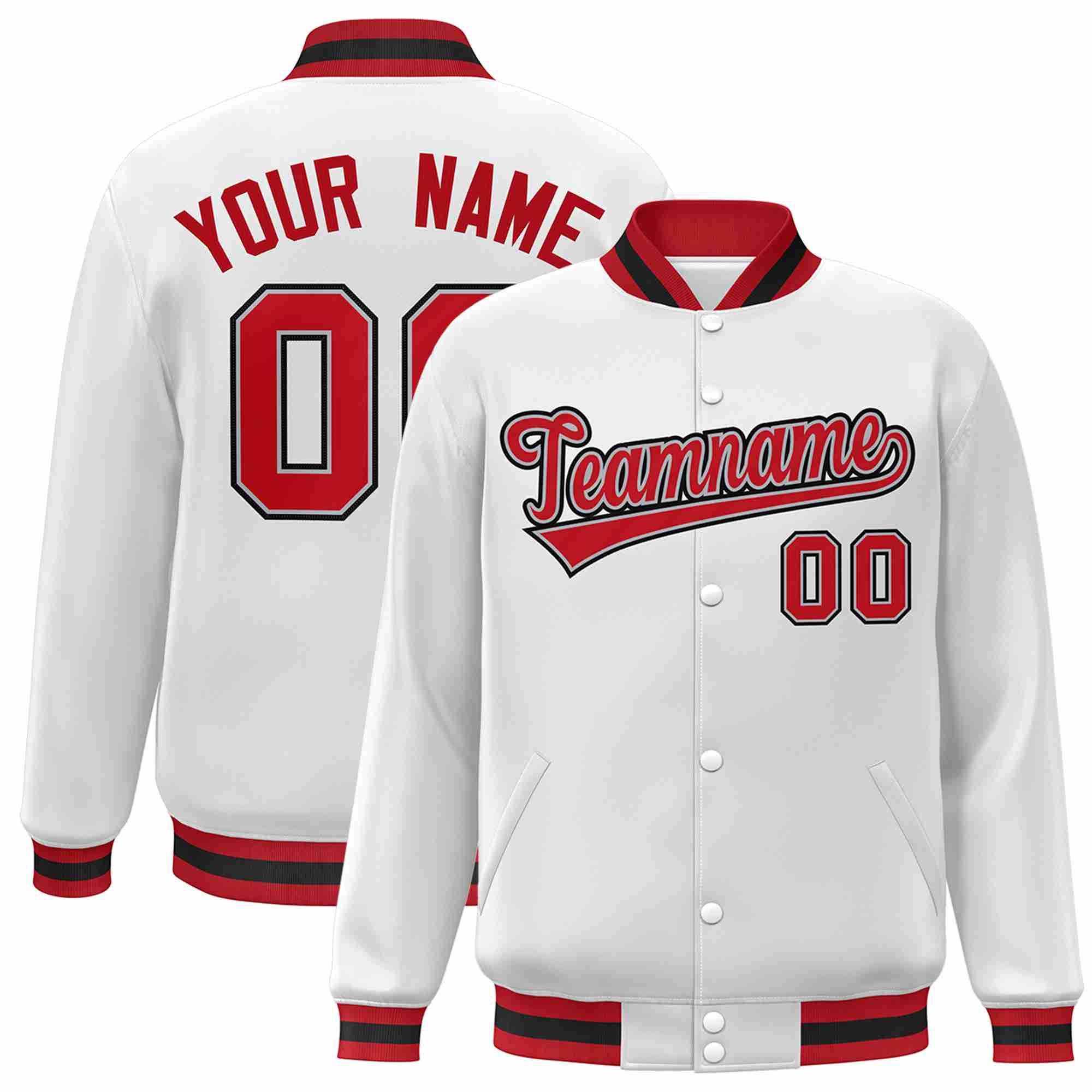 Custom White Red-Gray Classic Style Varsity Full-Snap Letterman Jacket