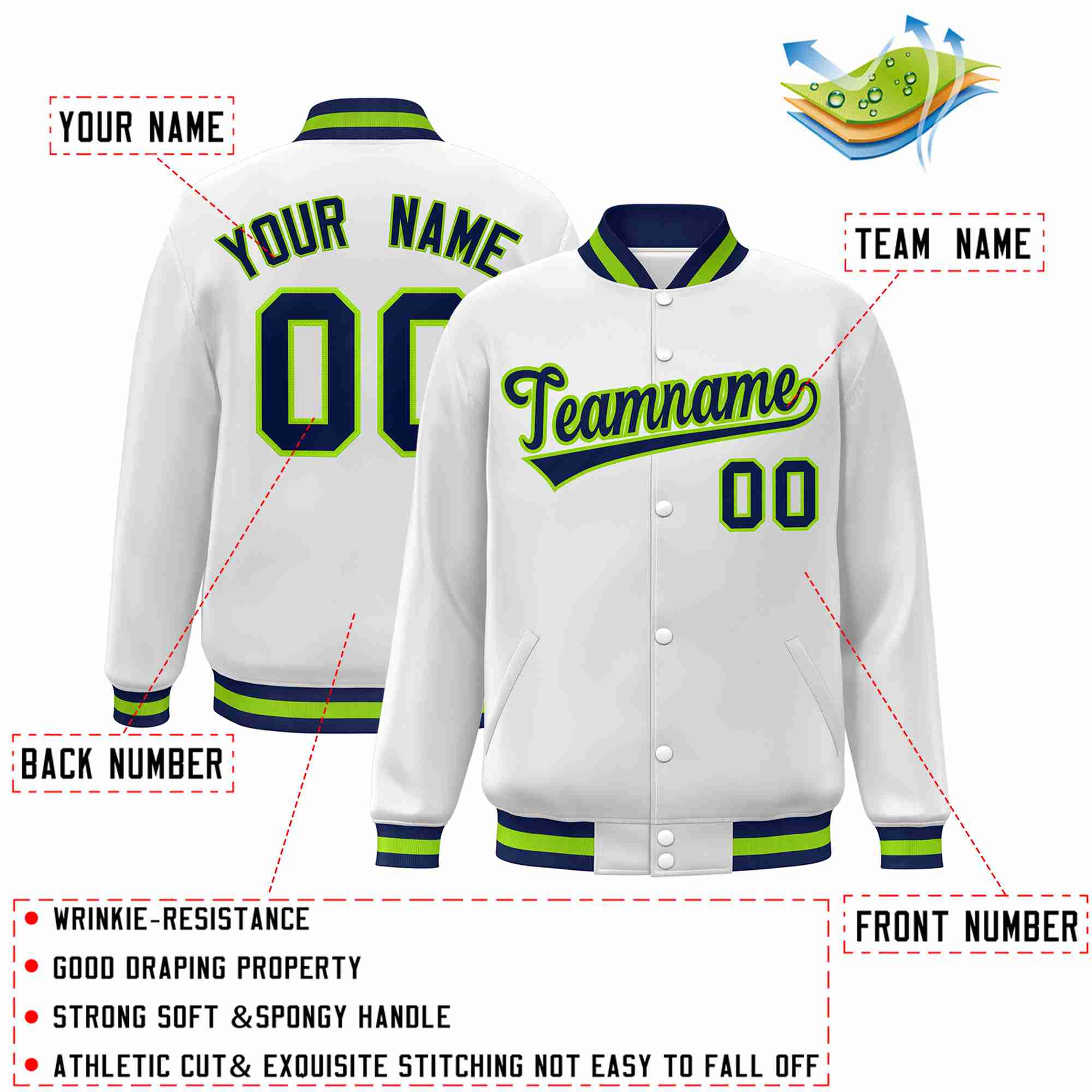 Custom White Navy-Neon Green Classic Style Varsity Full-Snap Letterman Jacket