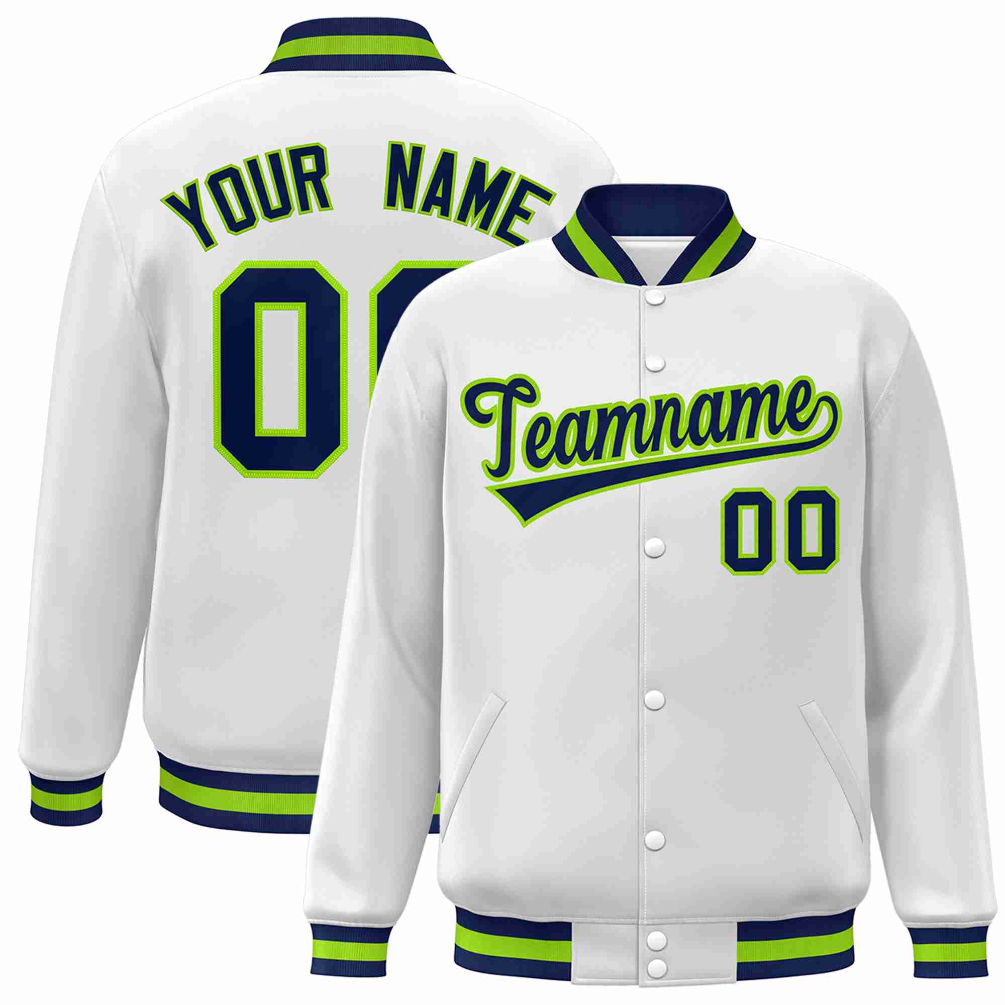 Custom White Navy-Neon Green Classic Style Varsity Full-Snap Letterman Jacket