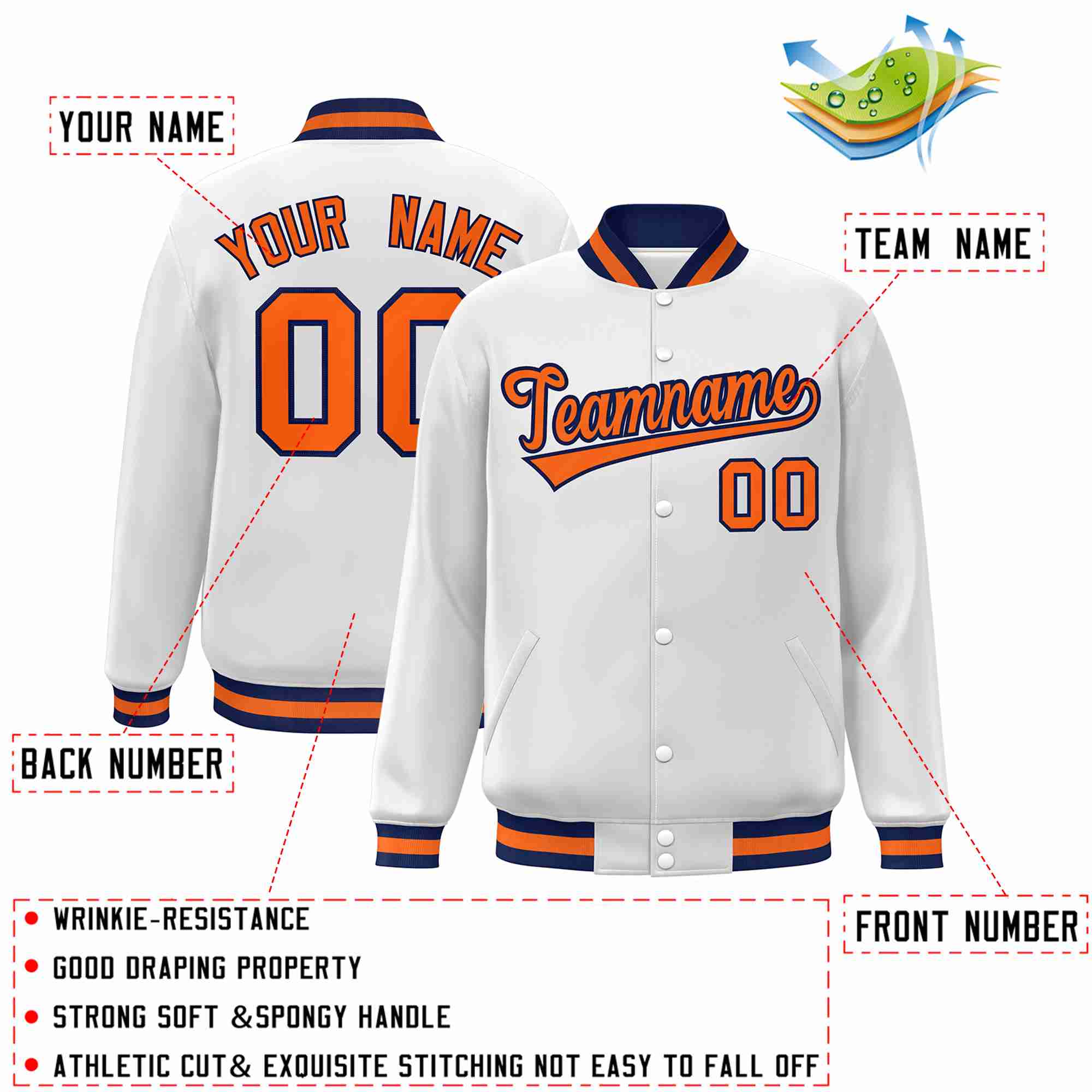 Custom White Orange-Navy Classic Style Varsity Full-Snap Letterman Jacket