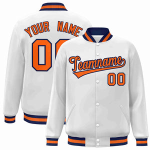 Custom White Orange-Navy Classic Style Varsity Full-Snap Letterman Jacket