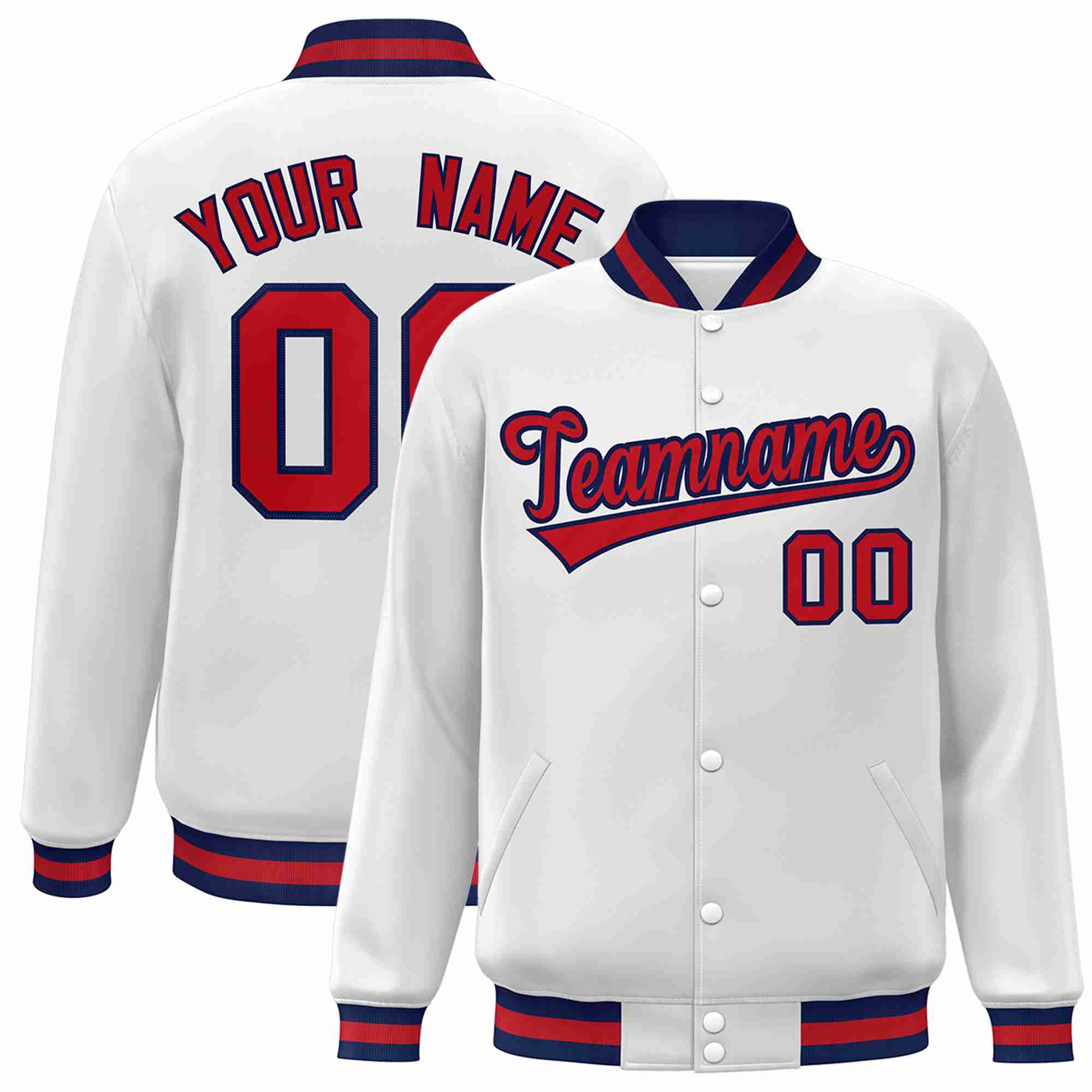 Custom White Red-Navy Classic Style Varsity Full-Snap Letterman Jacket