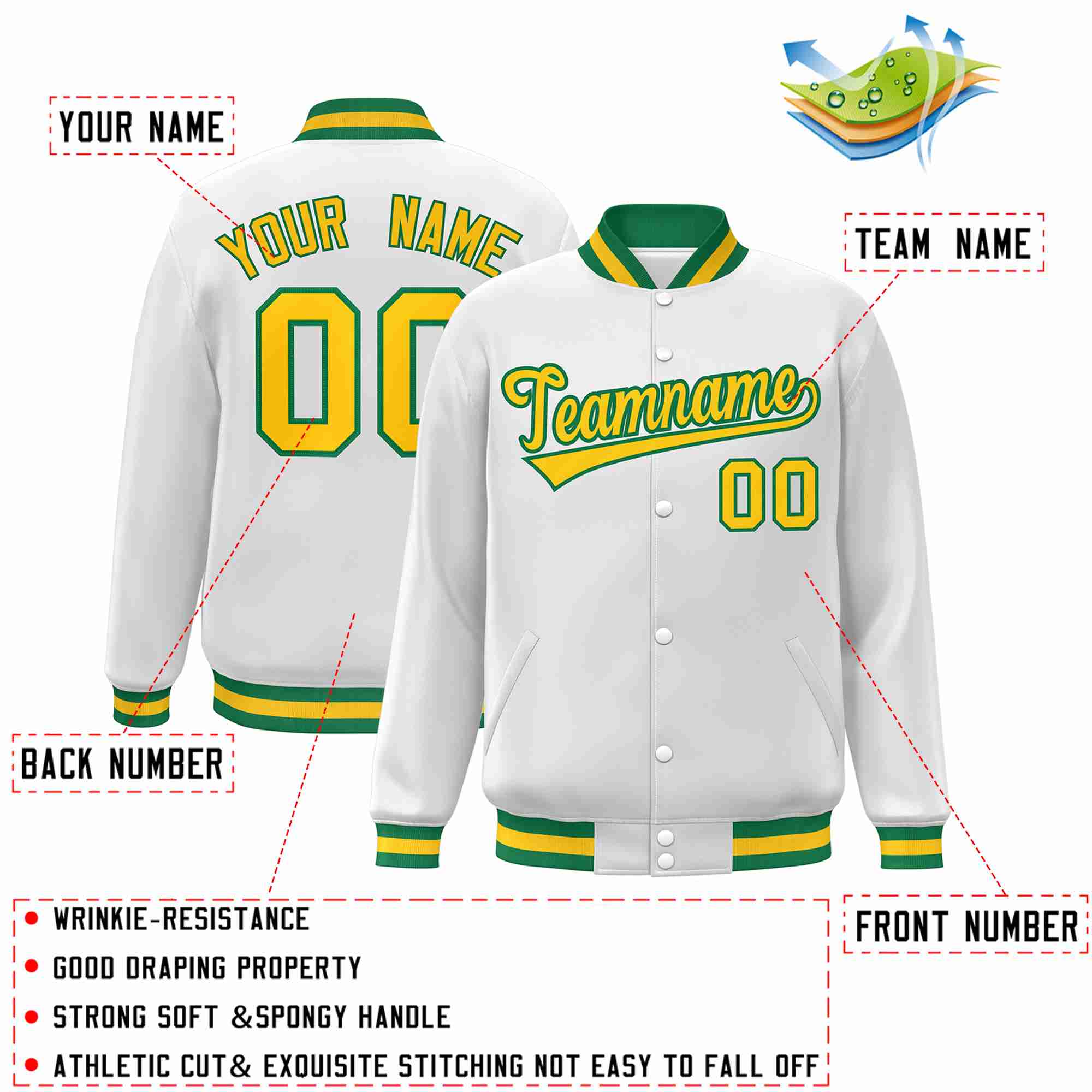 Custom White Gold-Green Classic Style Varsity Full-Snap Letterman Jacket