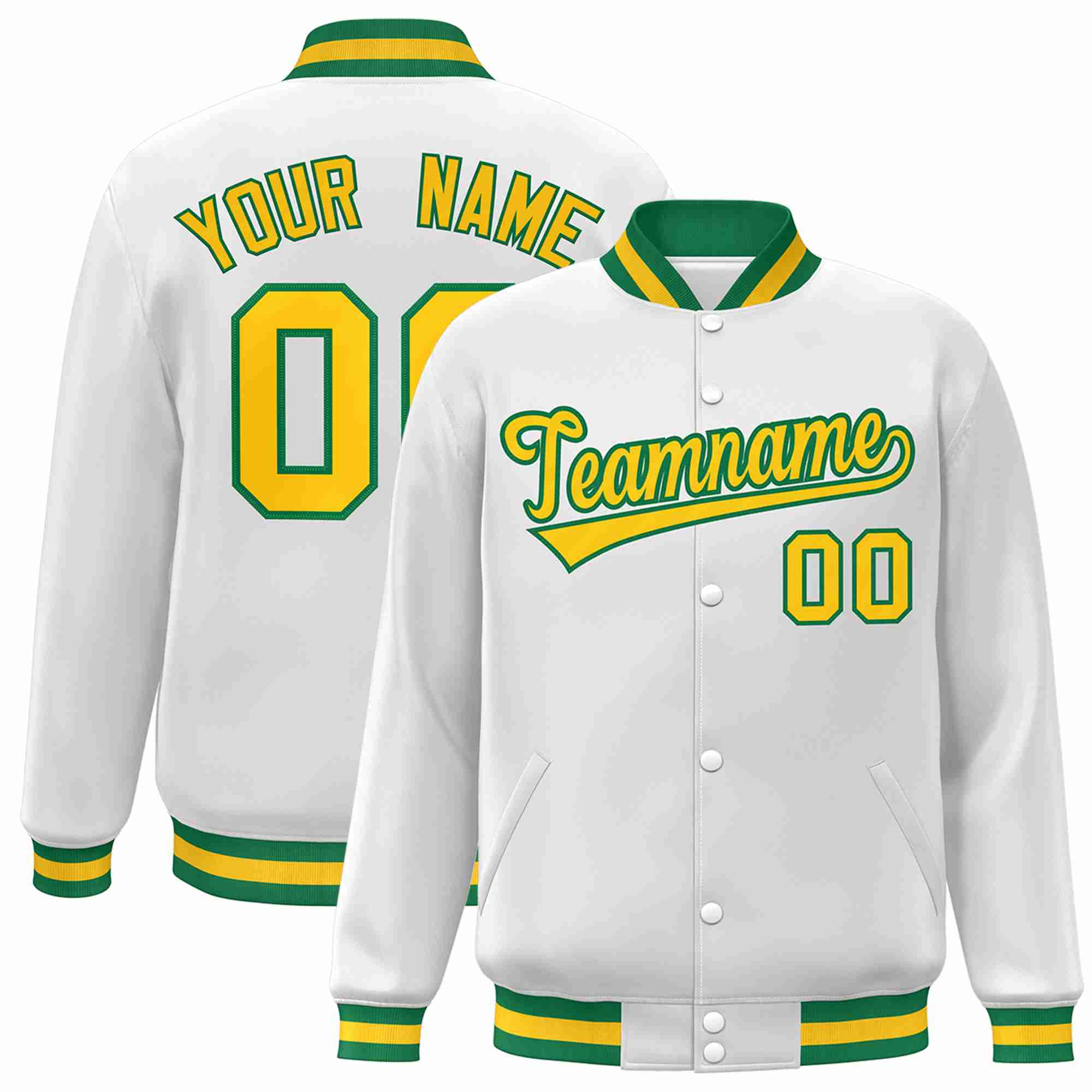 Custom White Gold-Green Classic Style Varsity Full-Snap Letterman Jacket