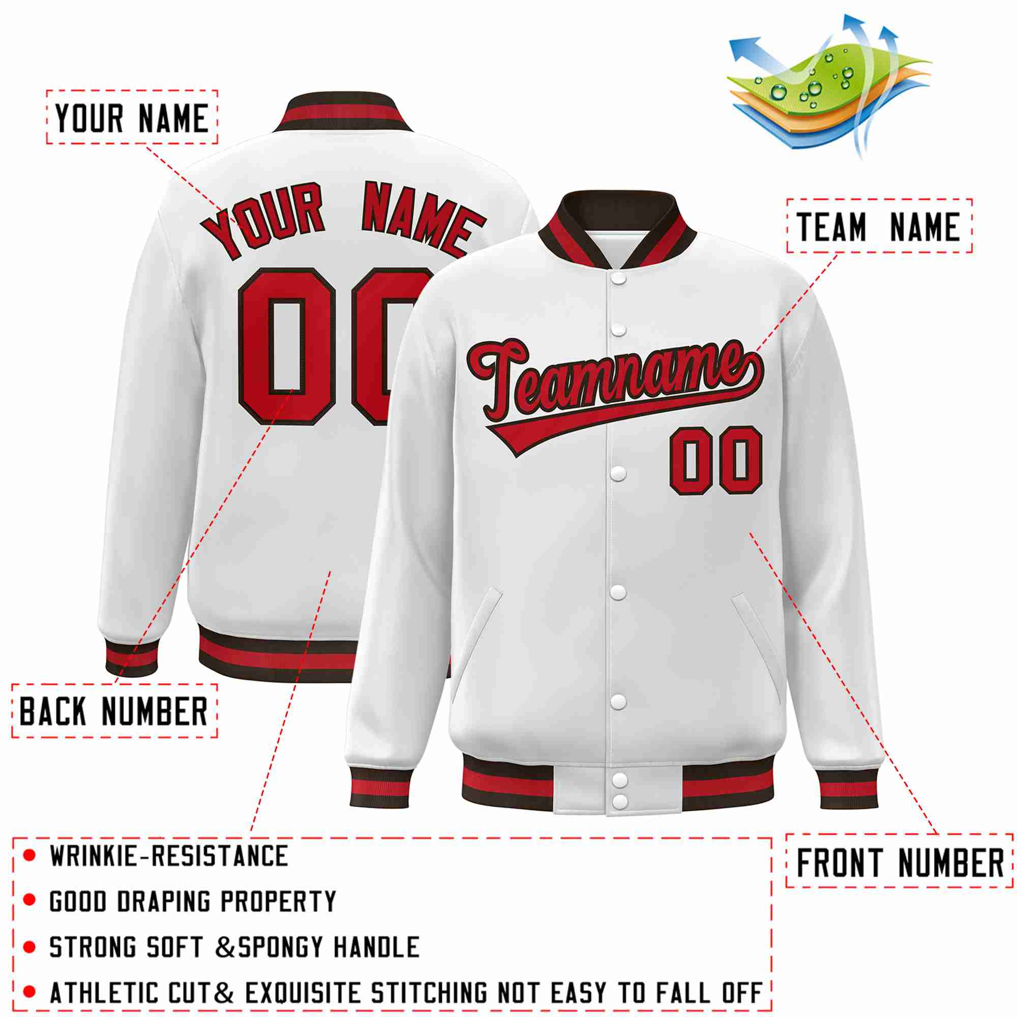 Custom White Red-Brown Classic Style Varsity Full-Snap Letterman Jacket