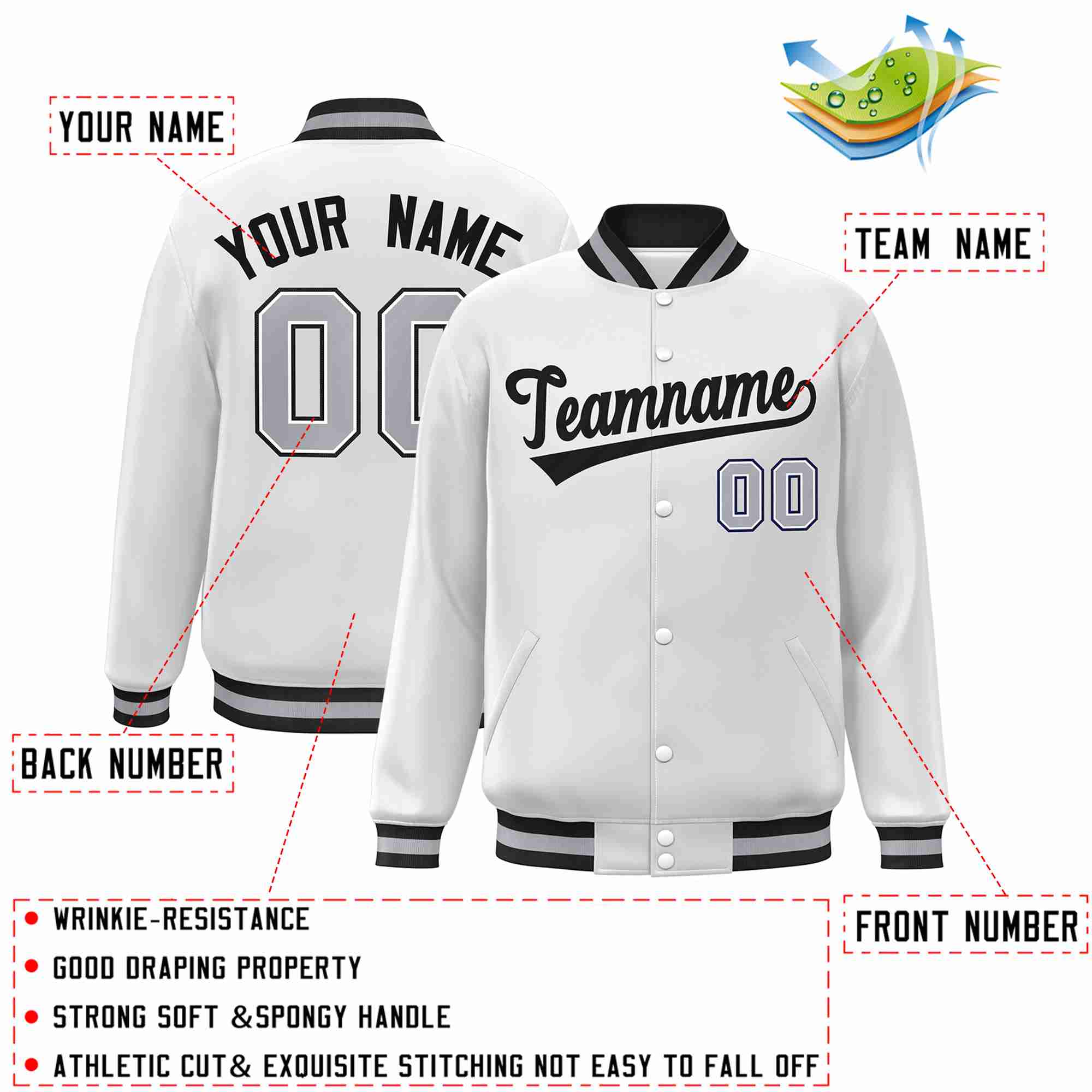 Custom White Black Classic Style Varsity Full-Snap Letterman Jacket