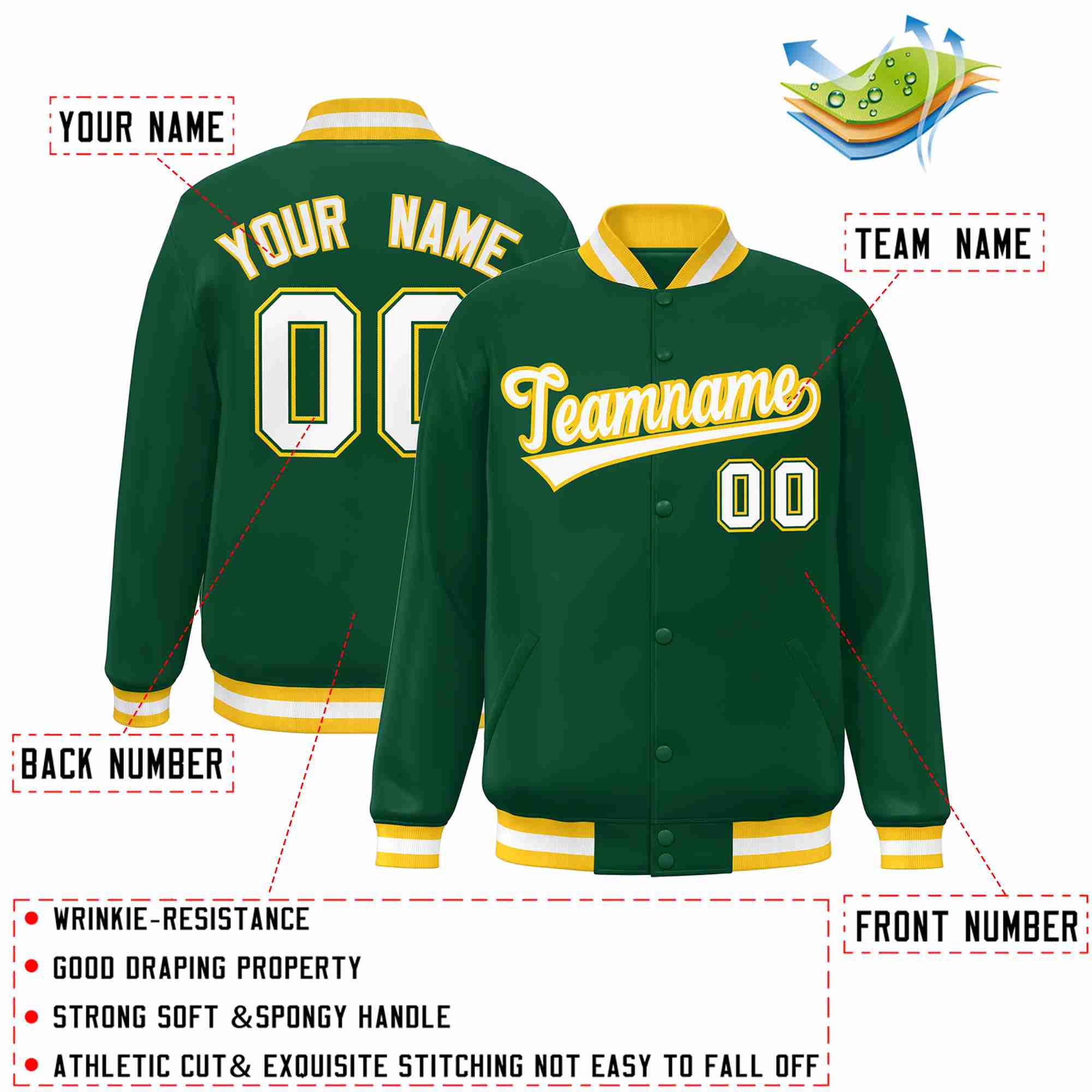 Custom Green White-Gold Classic Style Varsity Full-Snap Letterman Jacket