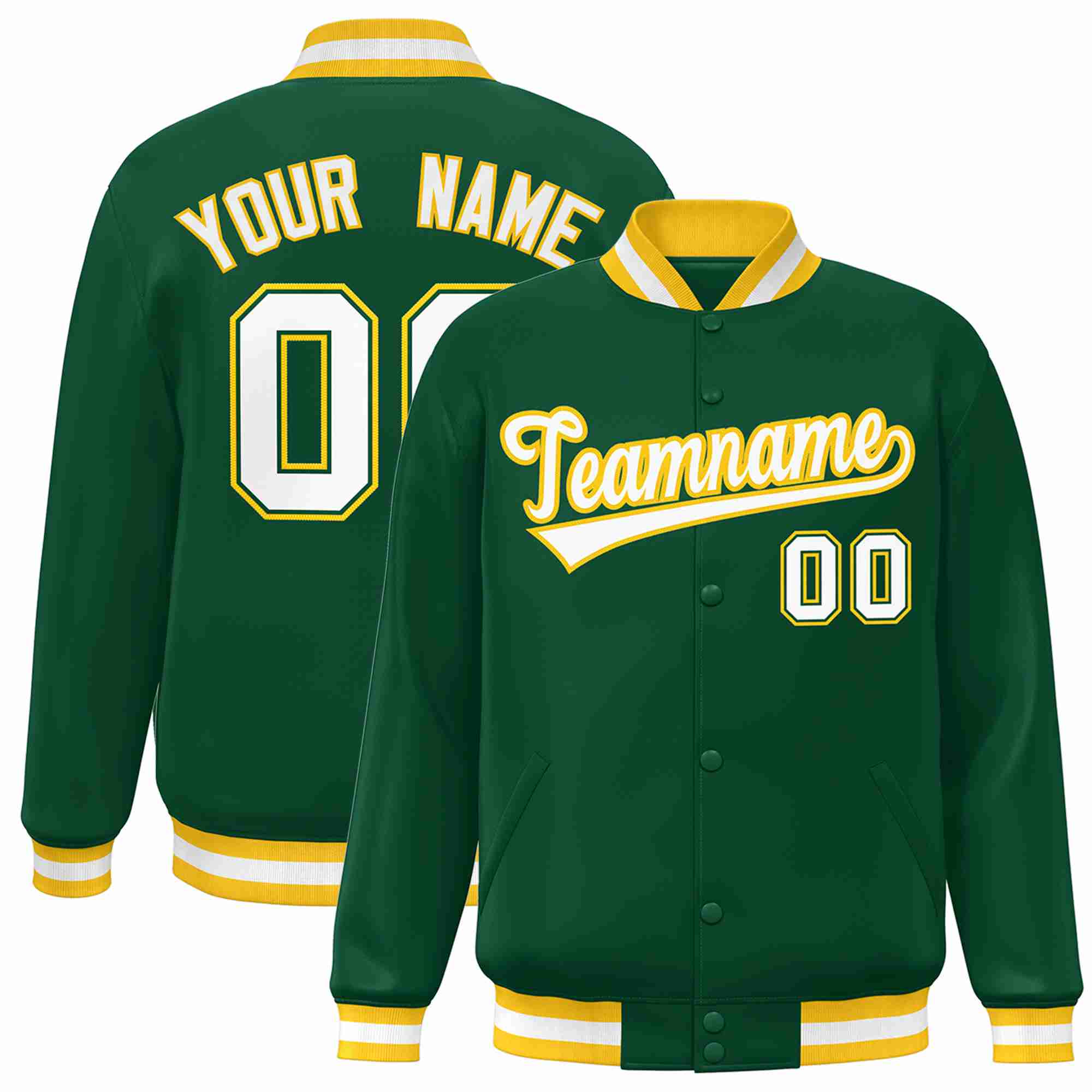 Custom Green White-Gold Classic Style Varsity Full-Snap Letterman Jacket