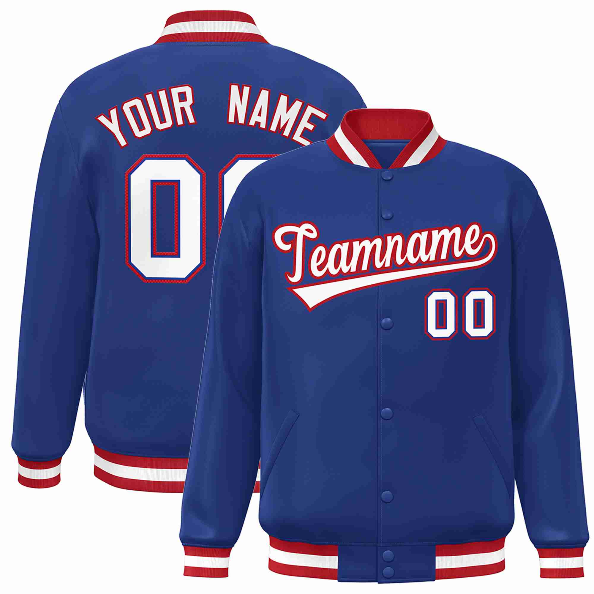 Custom Royal White-Red Classic Style Varsity Full-Snap Letterman Jacket