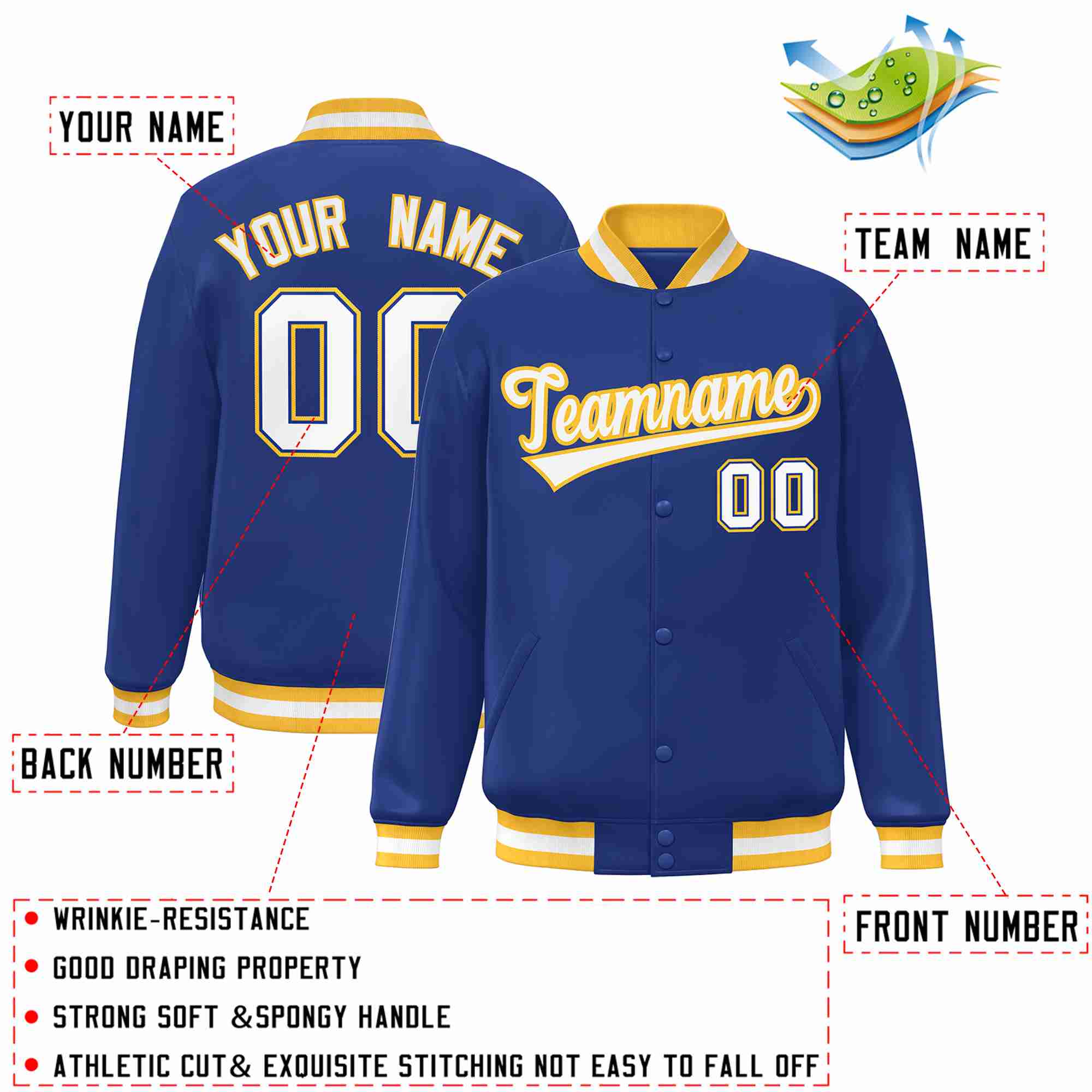 Custom Royal White-Gold Classic Style Varsity Full-Snap Letterman Jacket