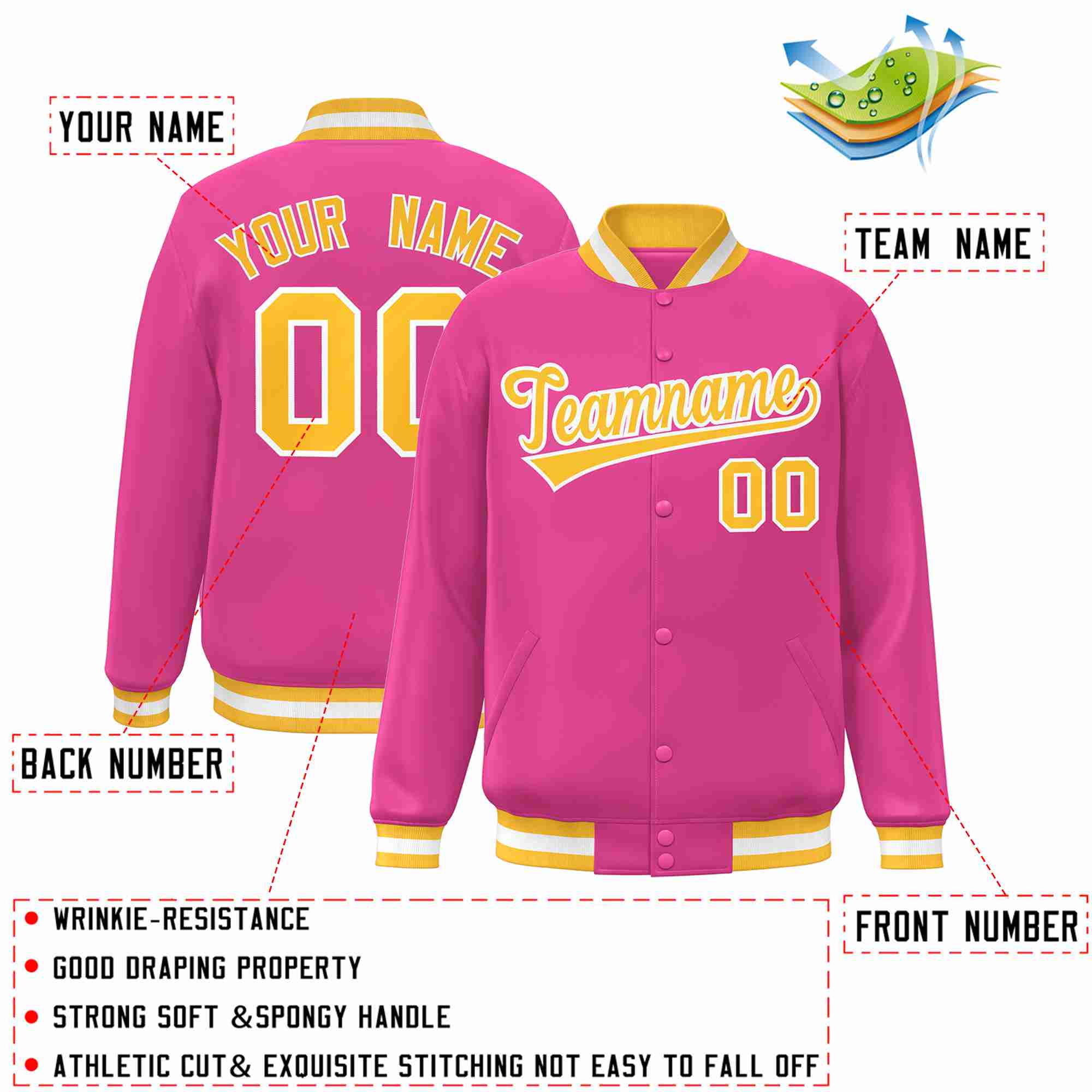 Custom Pink Gold-White Classic Style Varsity Full-Snap Letterman Jacket