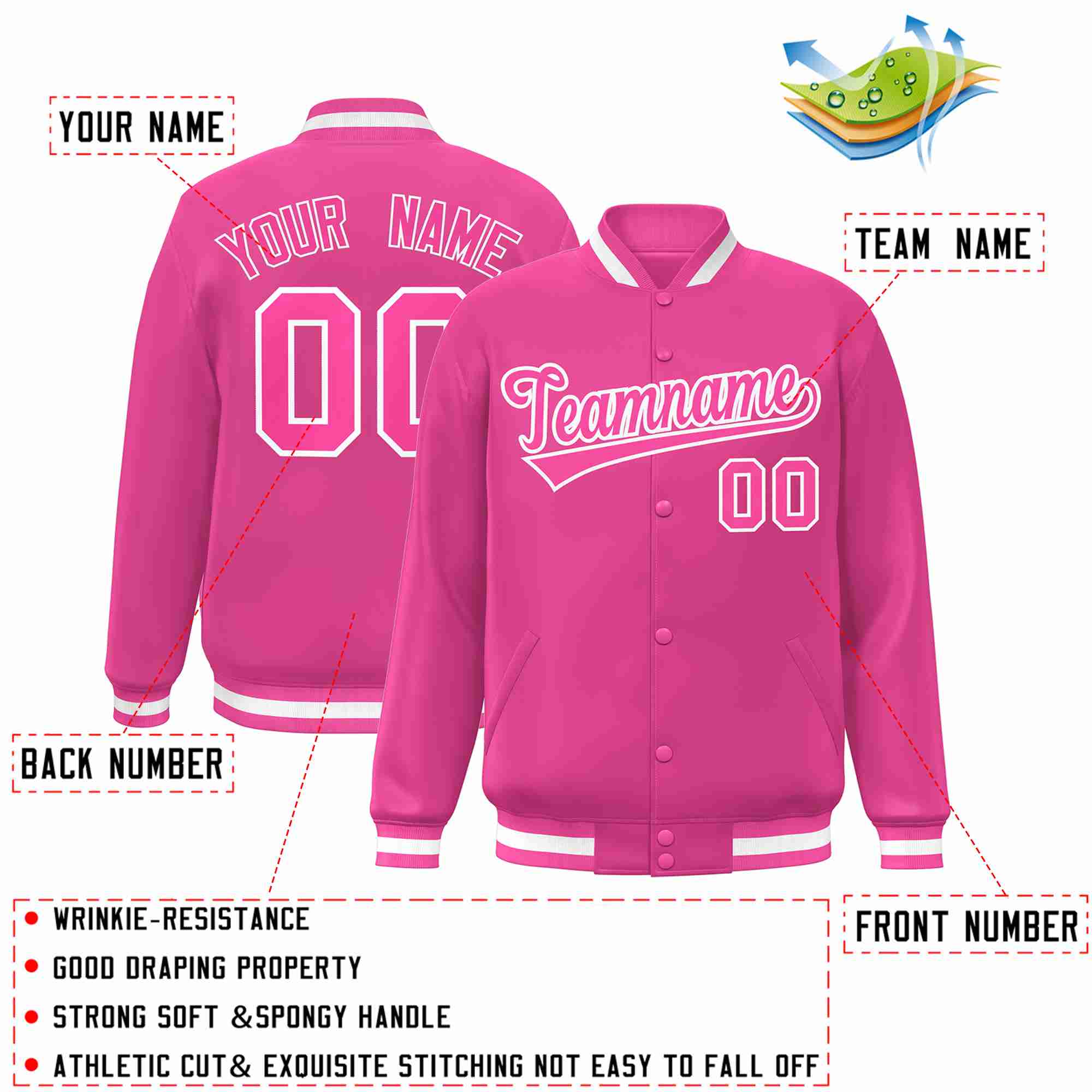 Custom Pink Pink-White Classic Style Varsity Full-Snap Letterman Jacket