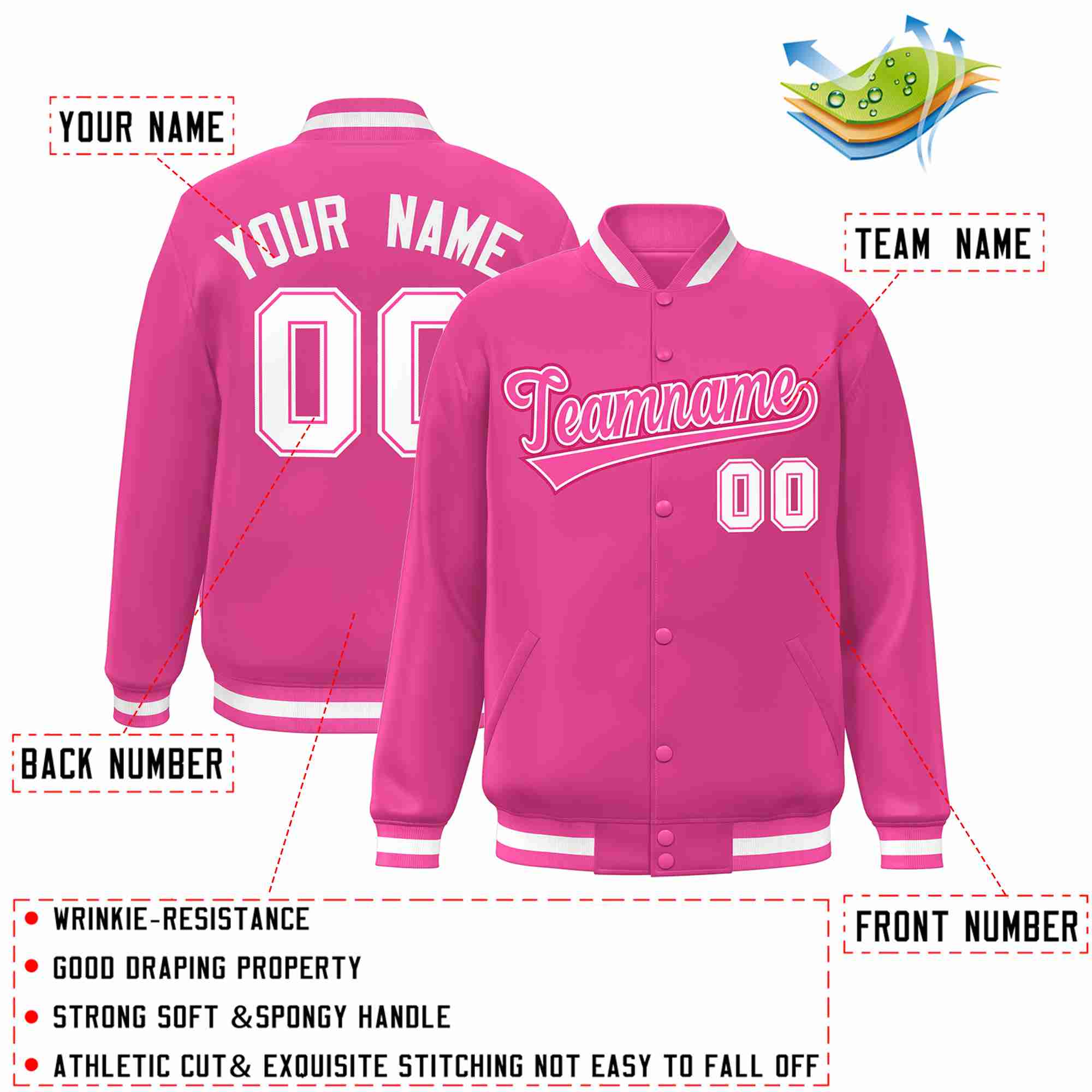 Custom Pink Pink-White Classic Style Varsity Full-Snap Letterman Jacket