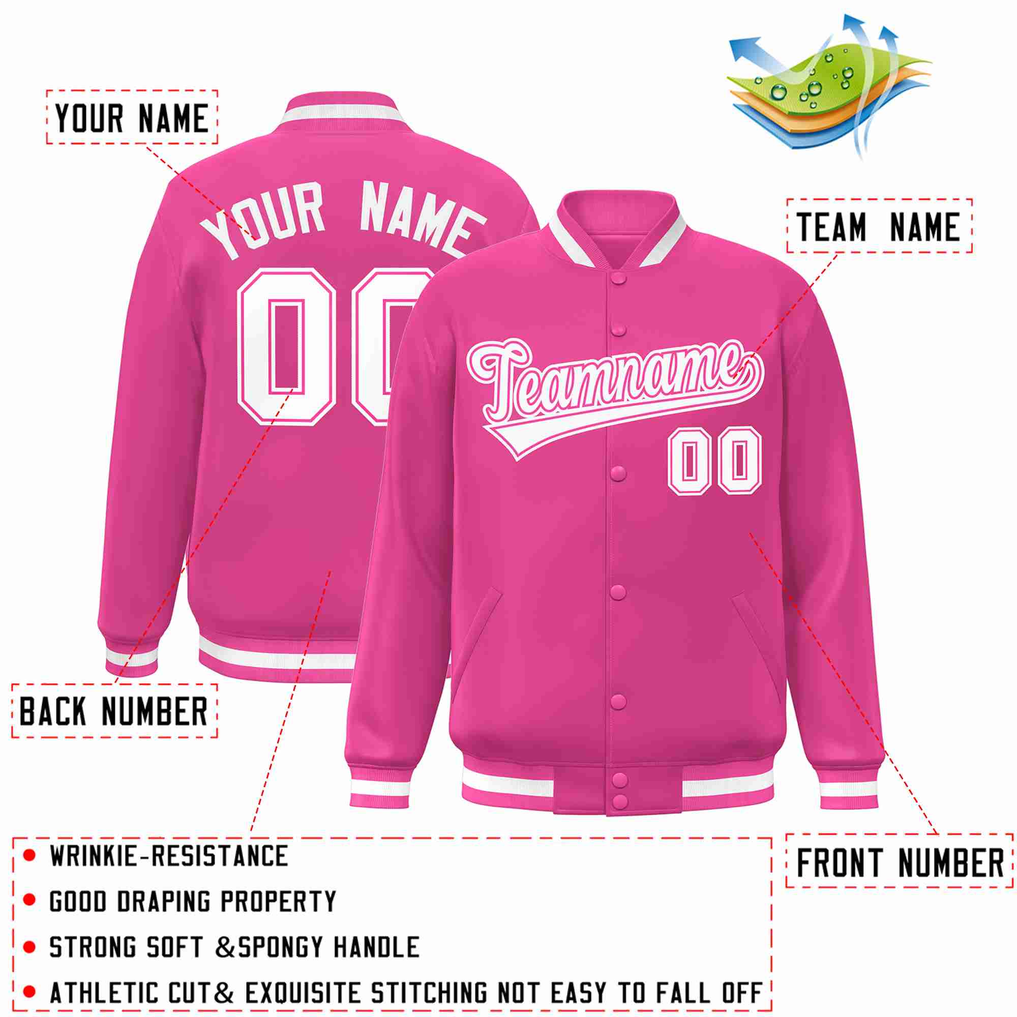 Custom Pink White-Pink Classic Style Varsity Full-Snap Letterman Jacket