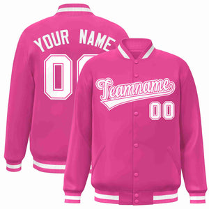 Veste Letterman personnalisée rose blanc-rose de style classique à pression intégrale