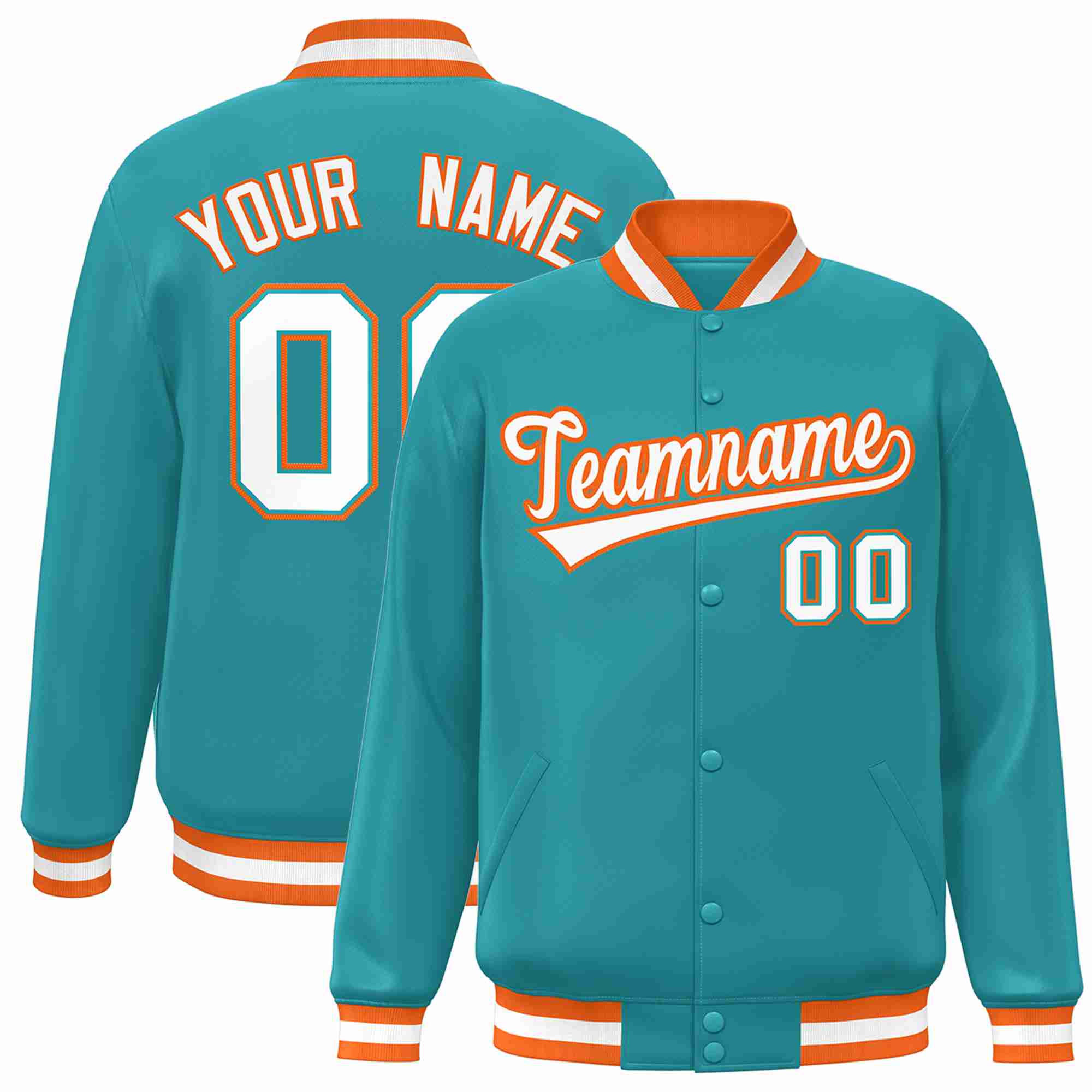 Custom Aqua White-Orange Classic Style Varsity Full-Snap Letterman Jacket