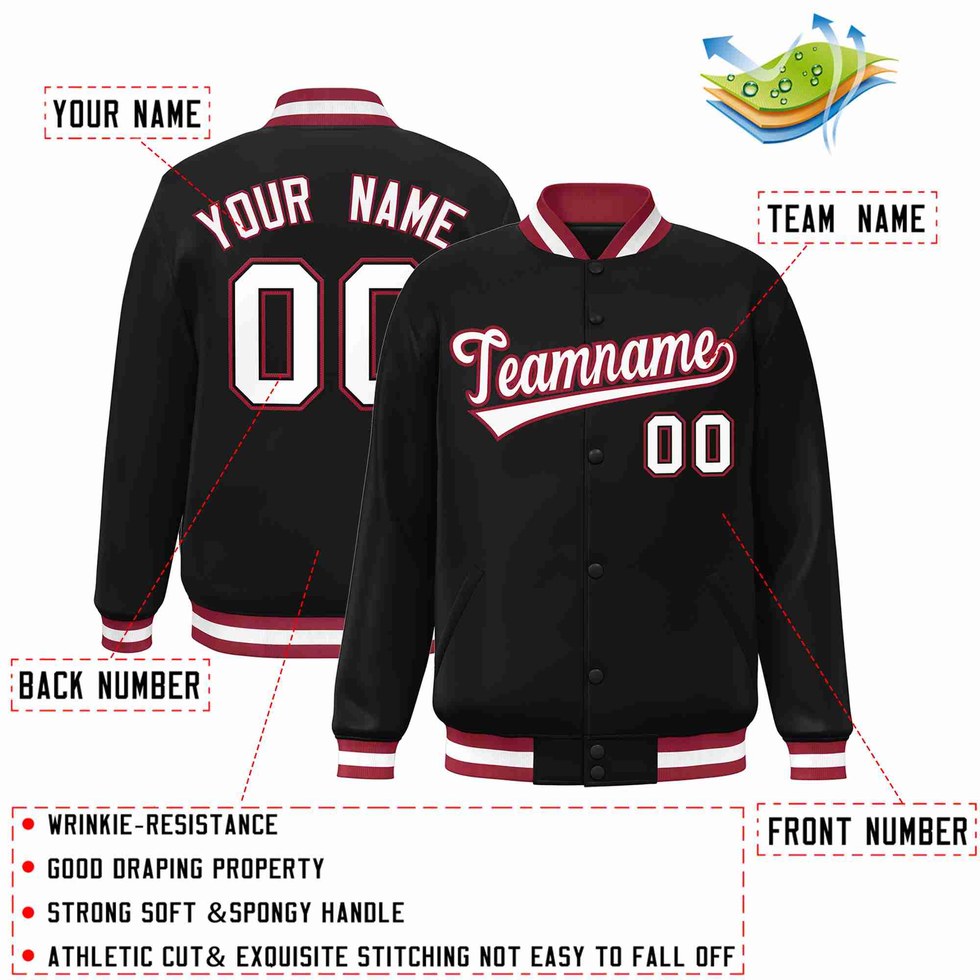 Custom Black White-Crimson Classic Style Varsity Full-Snap Letterman Jacket