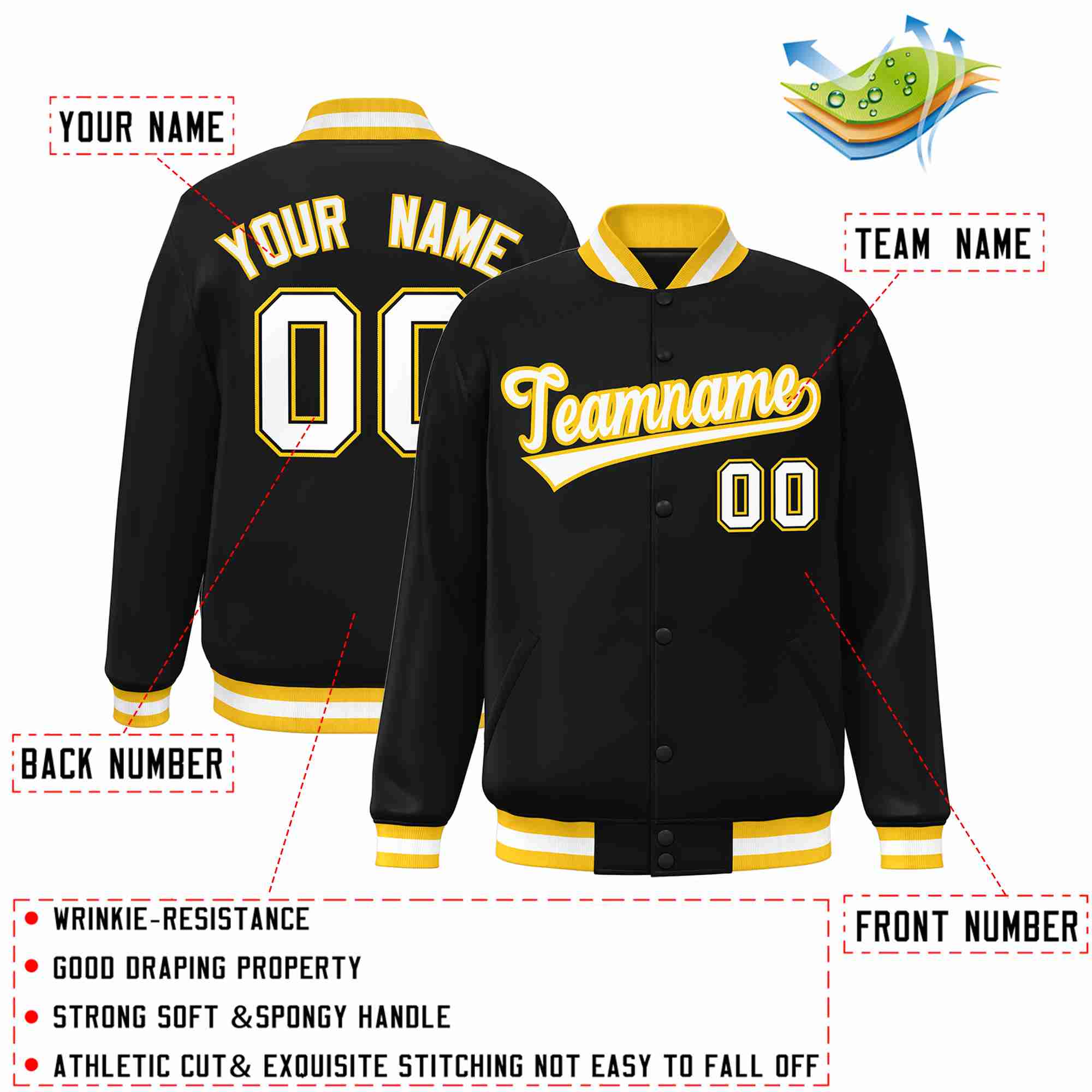 Custom Black White-Gold Classic Style Varsity Full-Snap Letterman Jacket