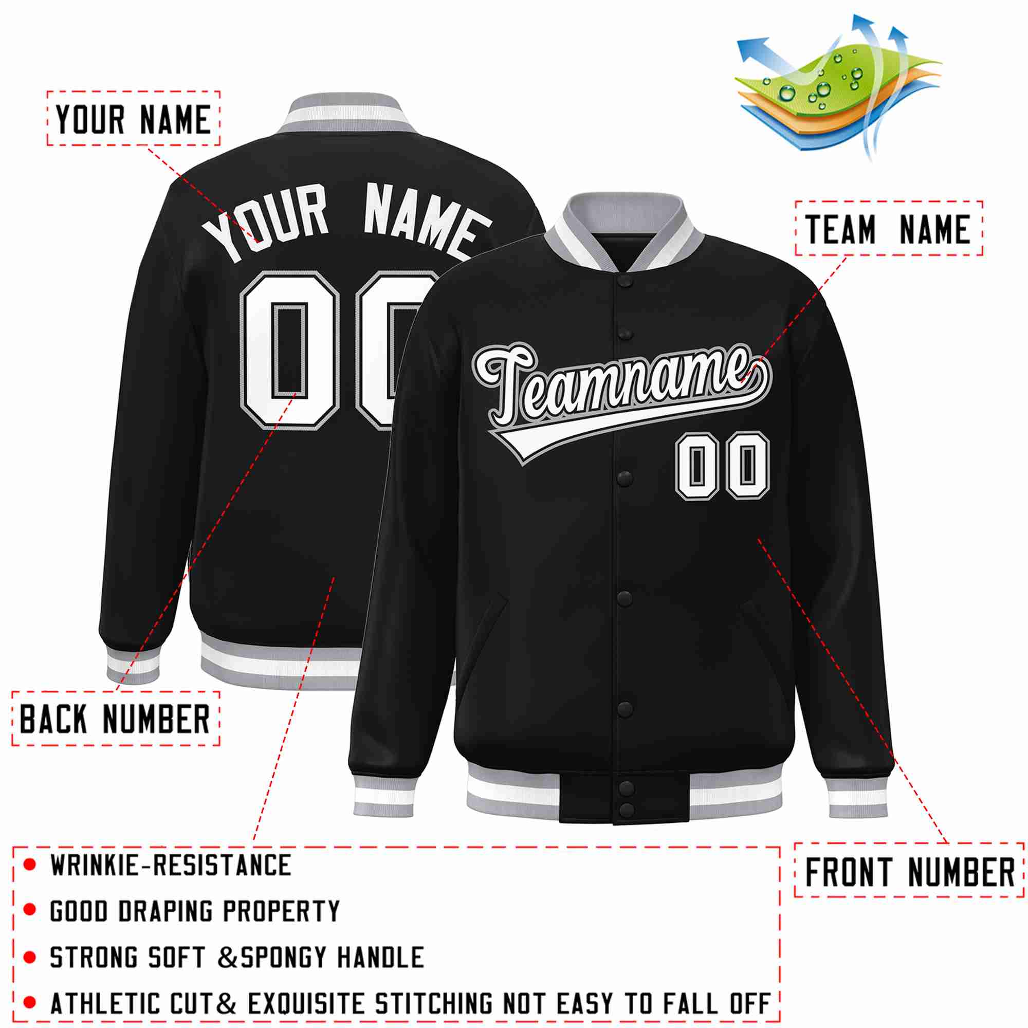 Custom Black White-Black Classic Style Varsity Full-Snap Letterman Jacket