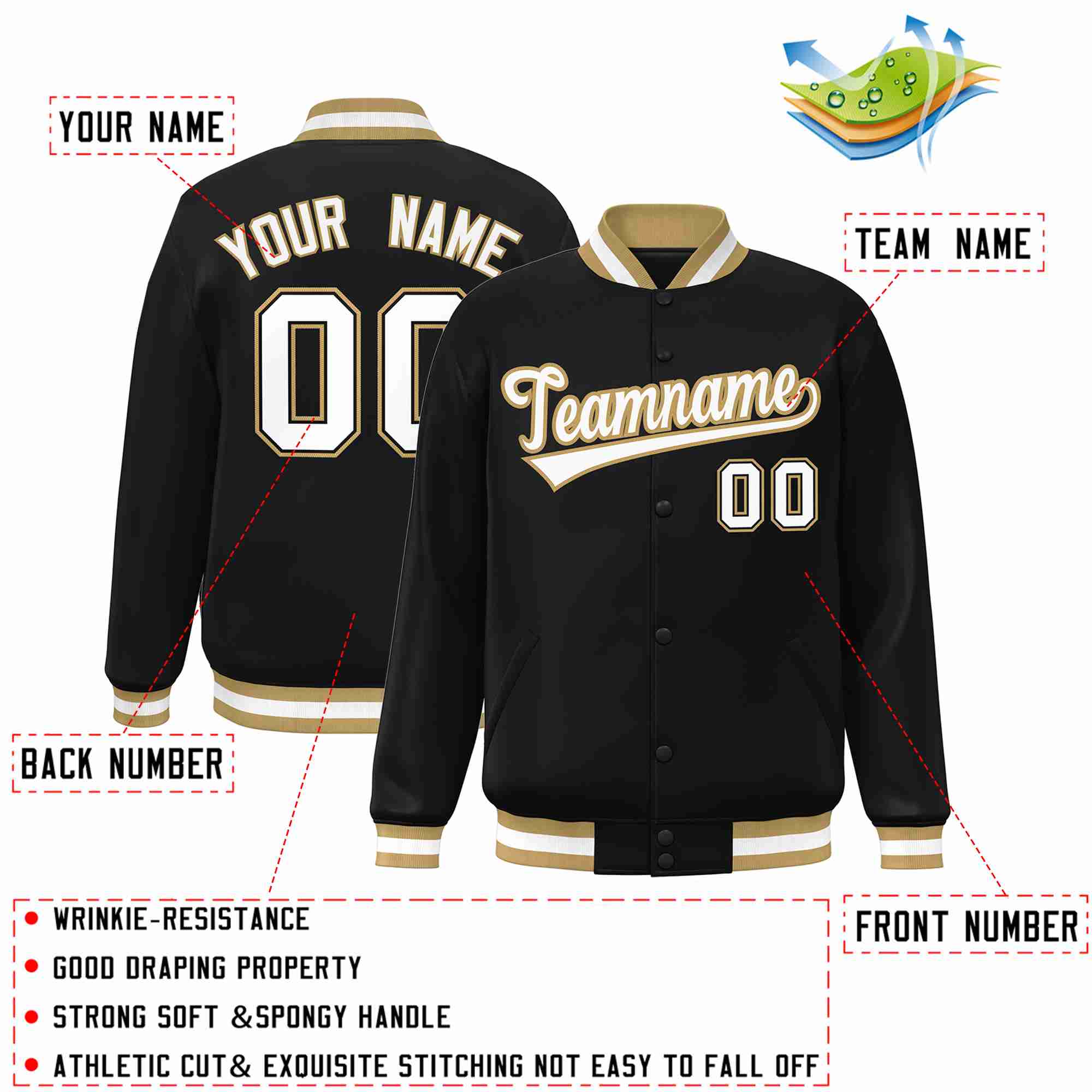 Custom Black White-Old Gold Classic Style Varsity Full-Snap Letterman Jacket