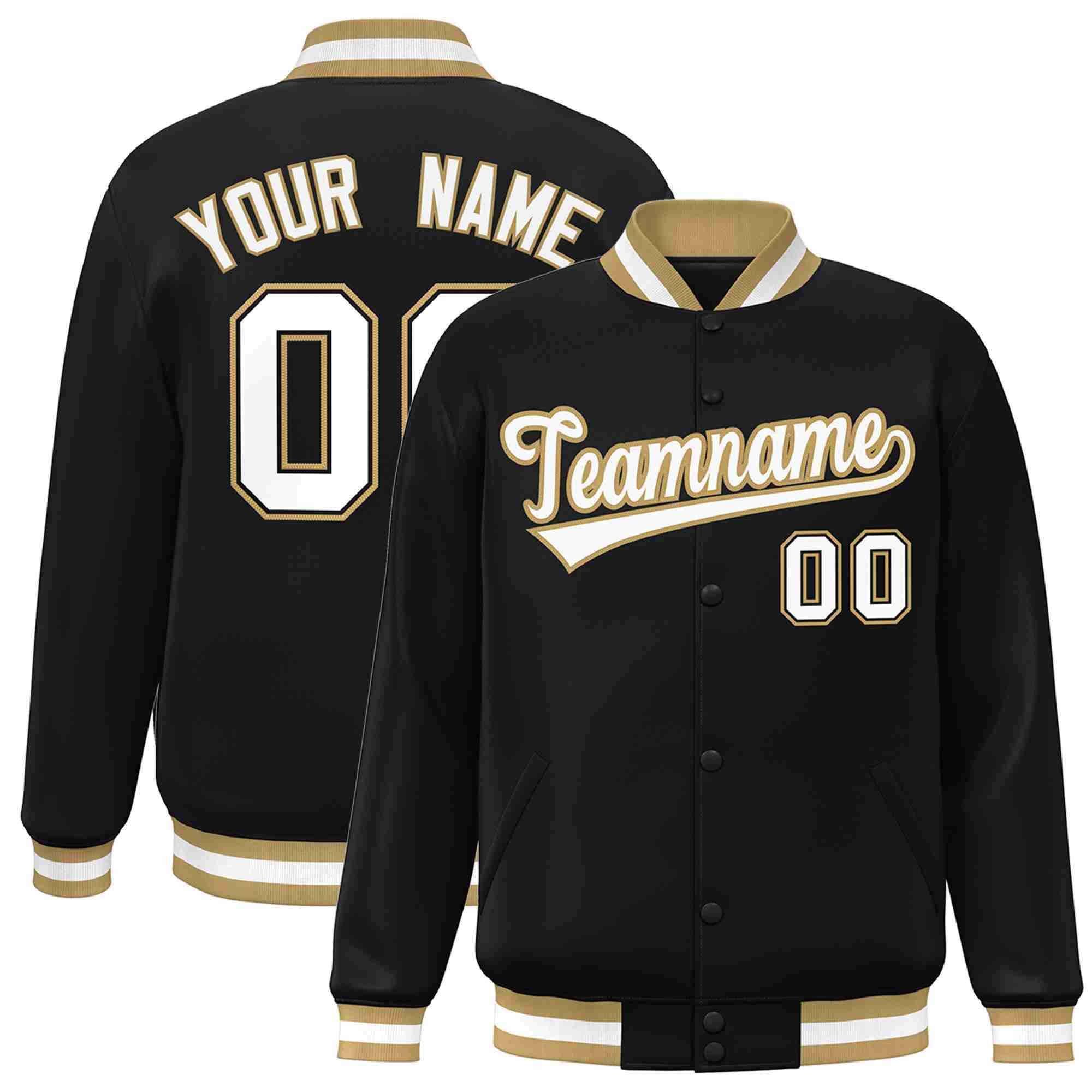 Custom Black White-Old Gold Classic Style Varsity Full-Snap Letterman Jacket