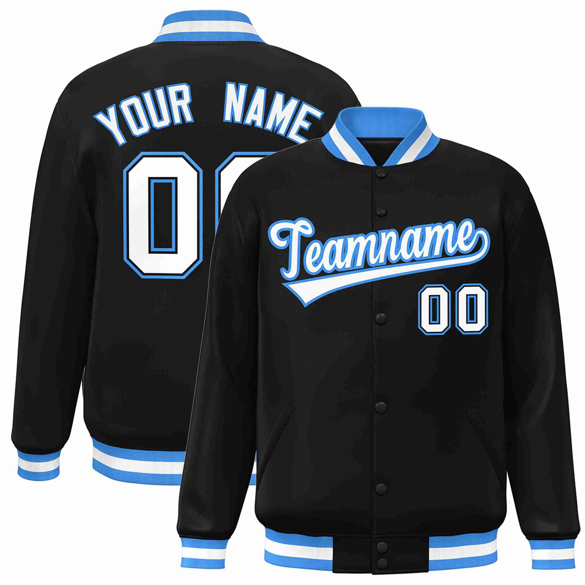 Custom Black White-Powder Blue Classic Style Varsity Full-Snap Letterman Jacket