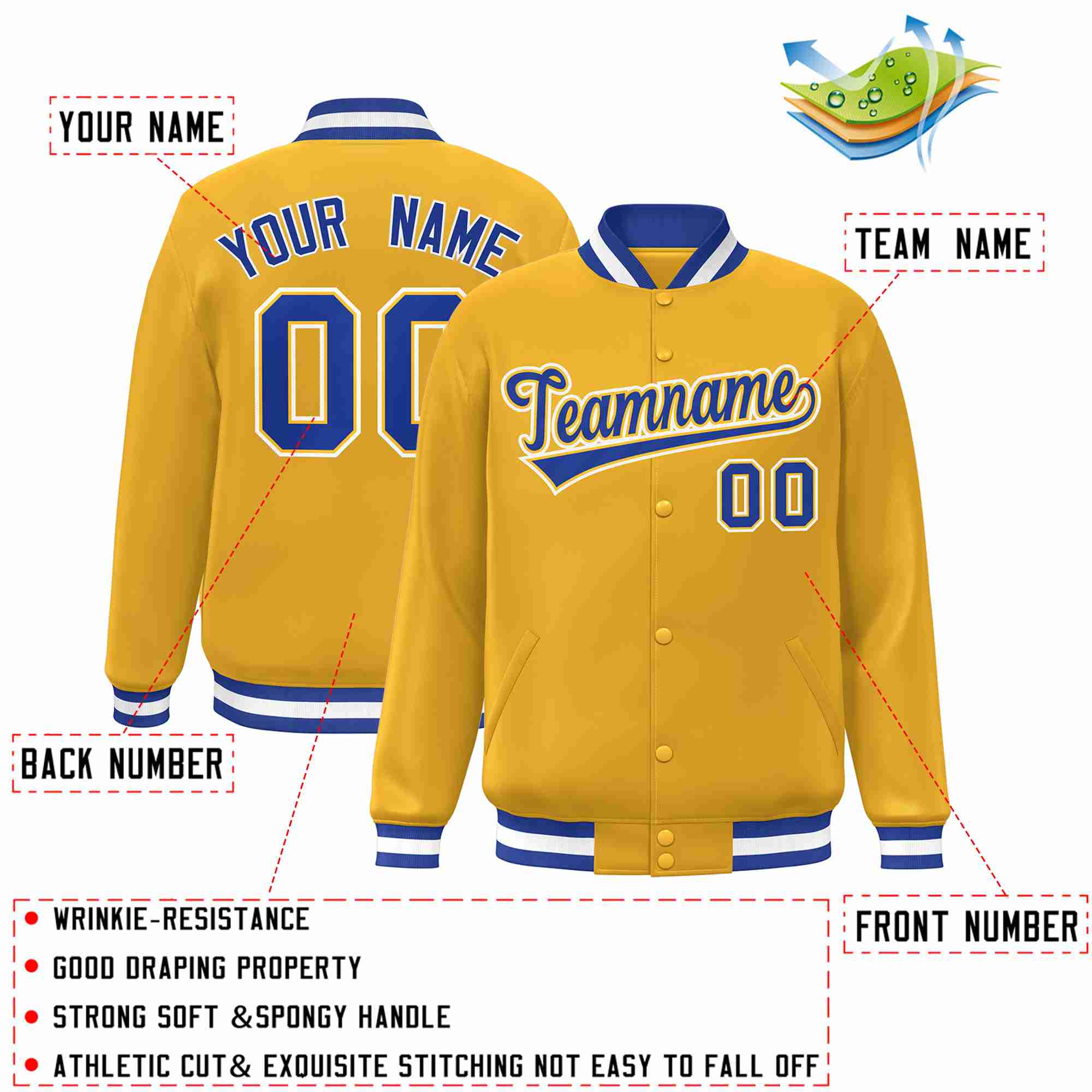 Custom Gold Royal-Gold Style classique Varsity Full-Snap Letterman Veste